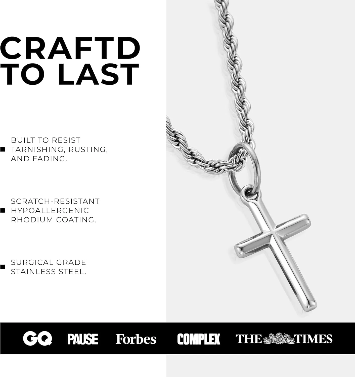 | Cross Pendant Necklace | 20.5" Chain Link with 20MM x 20MM Pendant | Waterproof, Heat & Sweat Resistant | Gifts for Men | Men's Jewelry |
