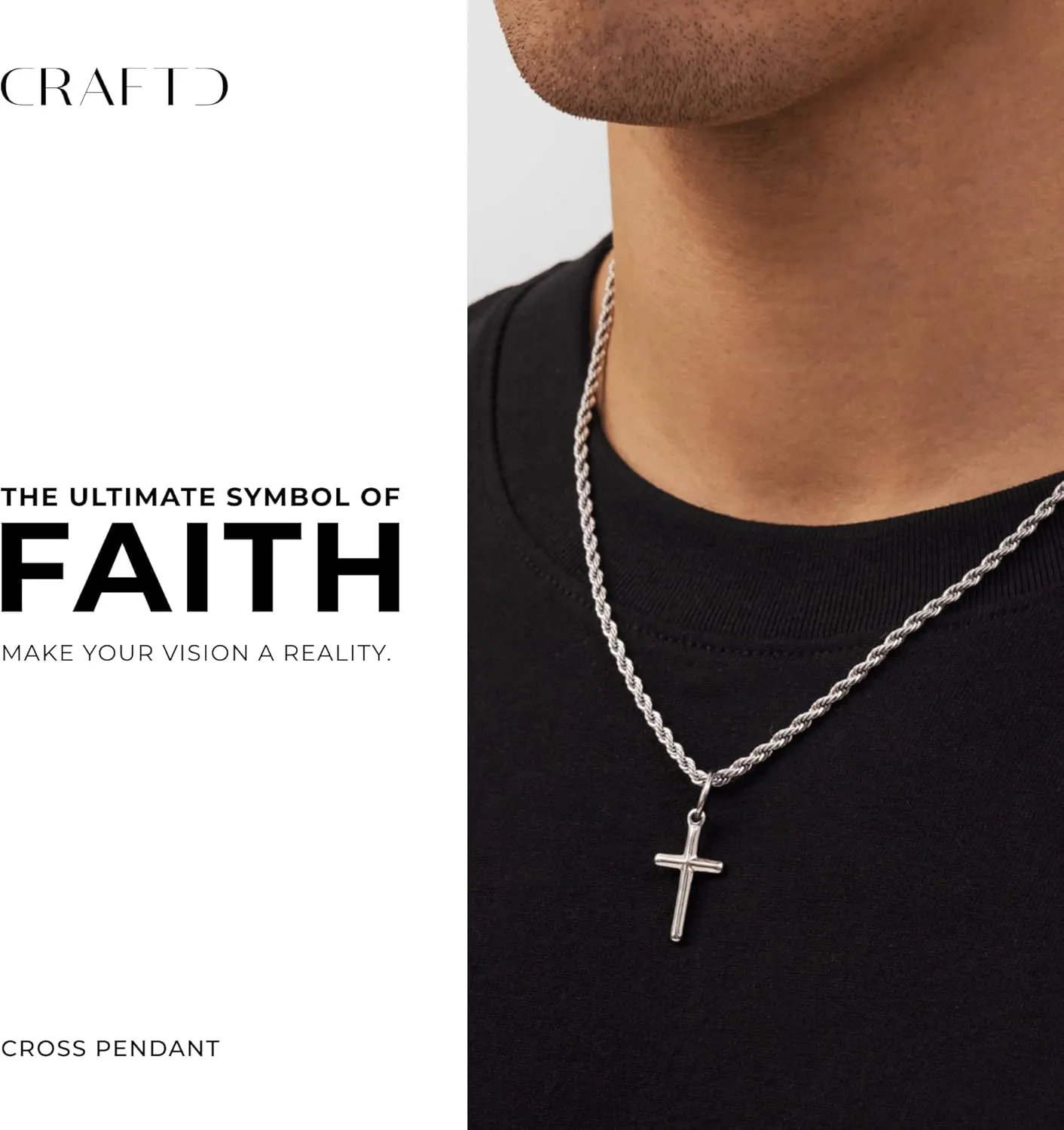 | Cross Pendant Necklace | 20.5" Chain Link with 20MM x 20MM Pendant | Waterproof, Heat & Sweat Resistant | Gifts for Men | Men's Jewelry |