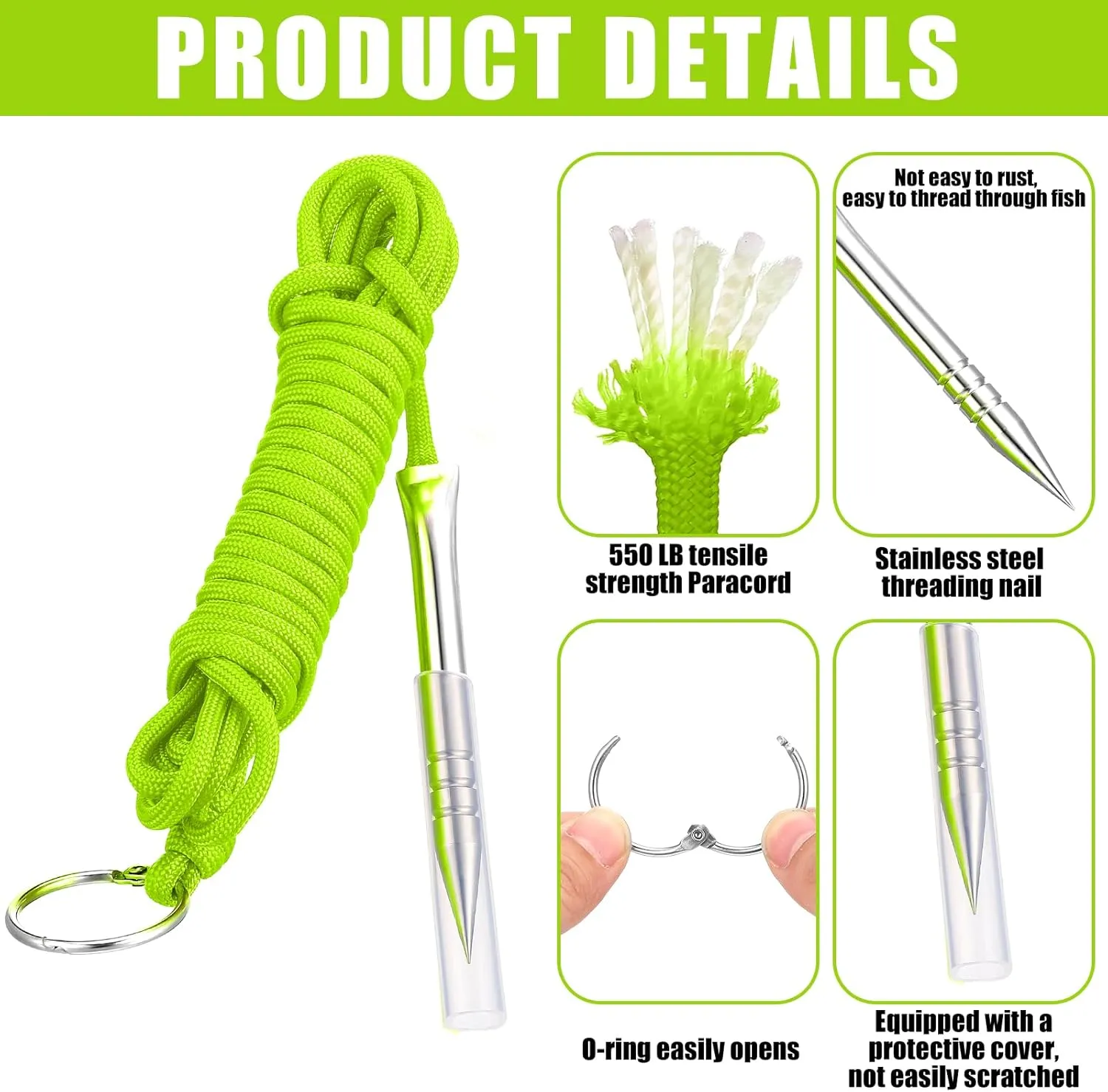 2 PCS 10 Ft 550lb Paracord Fishing Stringer Fish Holder with Stainless Steel Fish Spike and 1 Inch Split Ring
