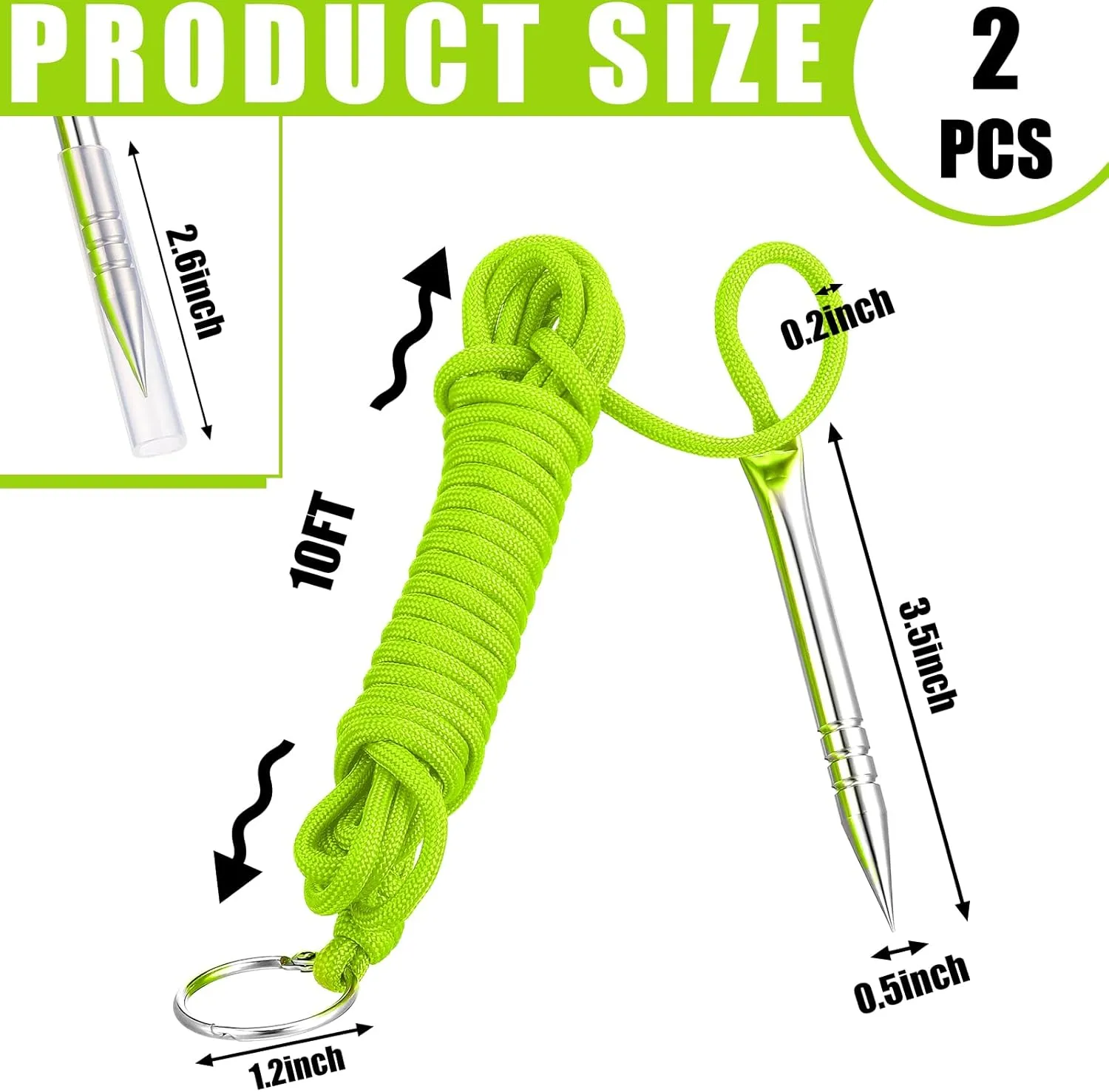 2 PCS 10 Ft 550lb Paracord Fishing Stringer Fish Holder with Stainless Steel Fish Spike and 1 Inch Split Ring
