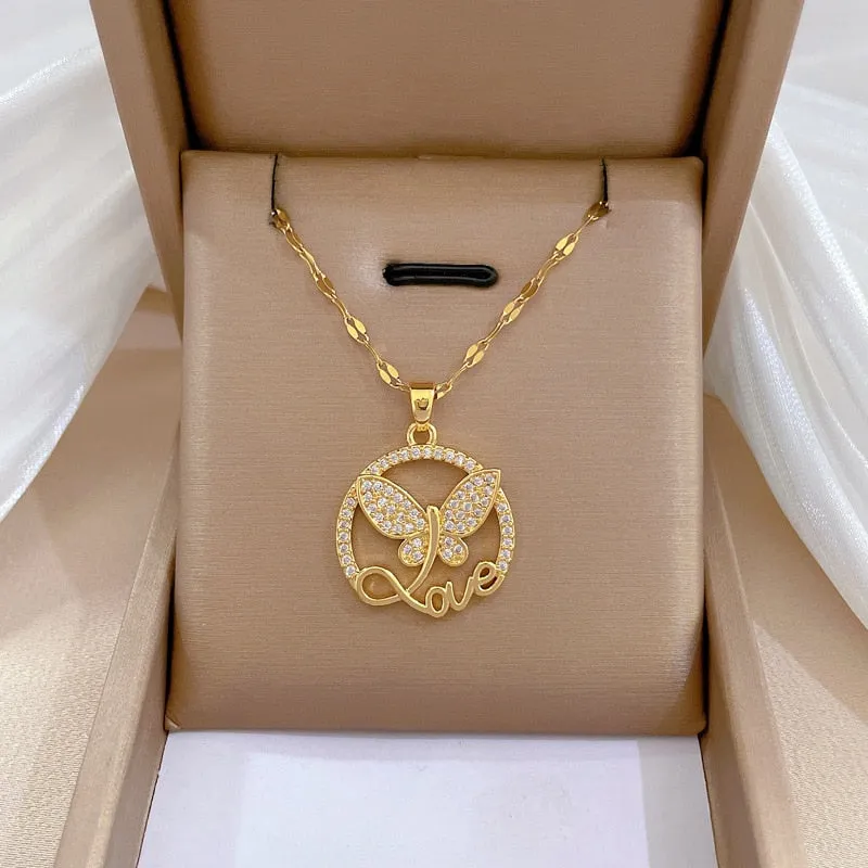 316L Stainless Steel Butterfly Love Pendant Necklace For Women