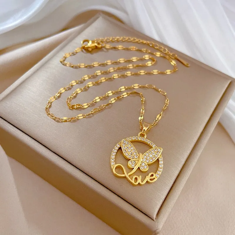 316L Stainless Steel Butterfly Love Pendant Necklace For Women