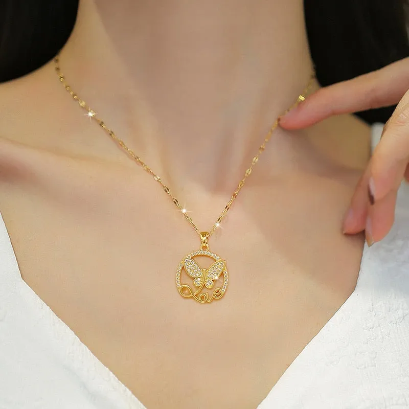 316L Stainless Steel Butterfly Love Pendant Necklace For Women