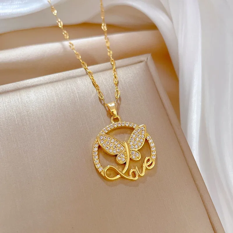 316L Stainless Steel Butterfly Love Pendant Necklace For Women