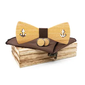 3Pcs Men's Hollow Boat Anchor Wooden Bow Tie Set