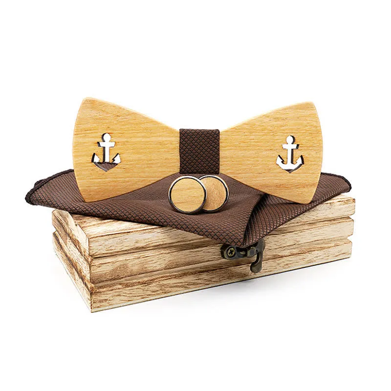 3Pcs Men's Hollow Boat Anchor Wooden Bow Tie Set