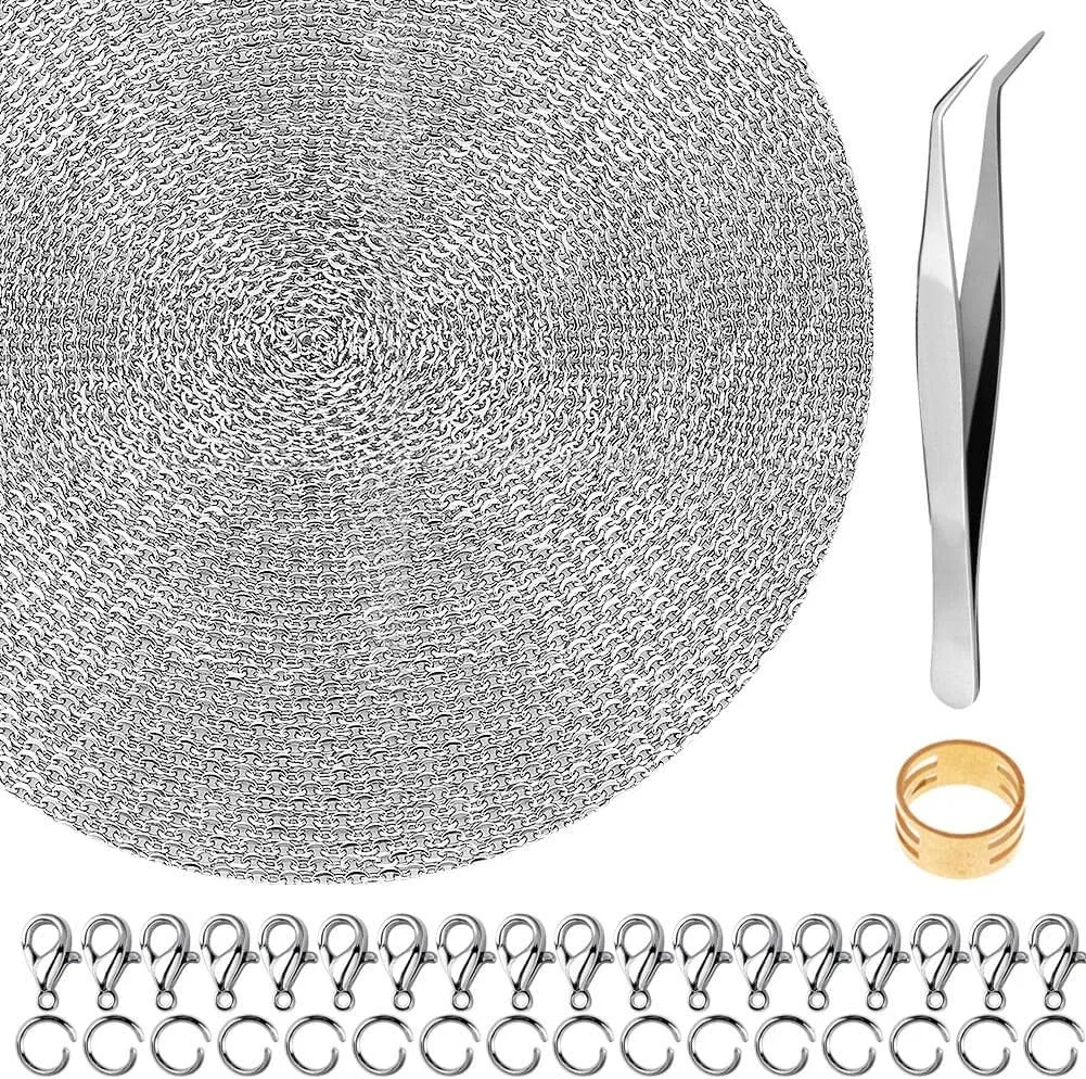 50 Feet Stainless Steel Chains for Jewelry Making, Anezus Jewelry Chain Bulk Small Metal Chains with 100 Jump Rings 30 Lobster Clasps for Necklace Making Bracelet DIY