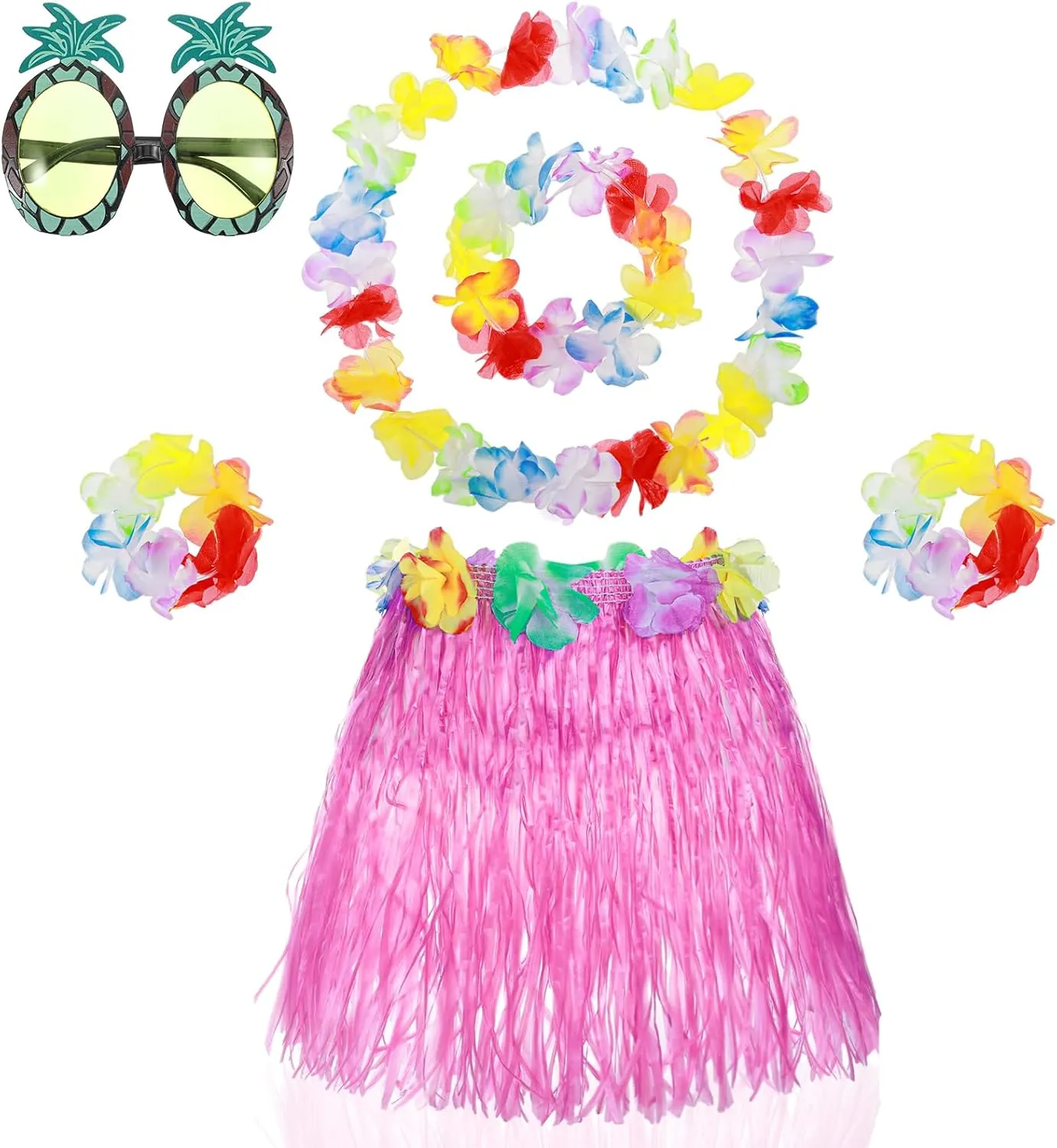 6 Pack Hawaiian Grass Skirt for Girls, Hula Dancing Skirt Cute Glasses Hawaiian Hula Costume Accessory Summer Party Dress Up for Girls