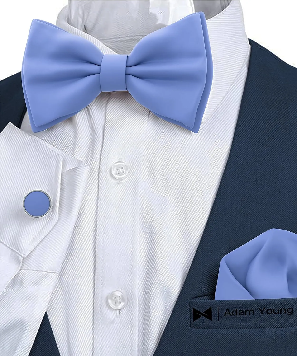 Adam Young Men's Bow Ties with Handkerchief & Cufflinks Pre-Tied Style Formal Satin Classic Bowtie for Tuxedo Faux Silk