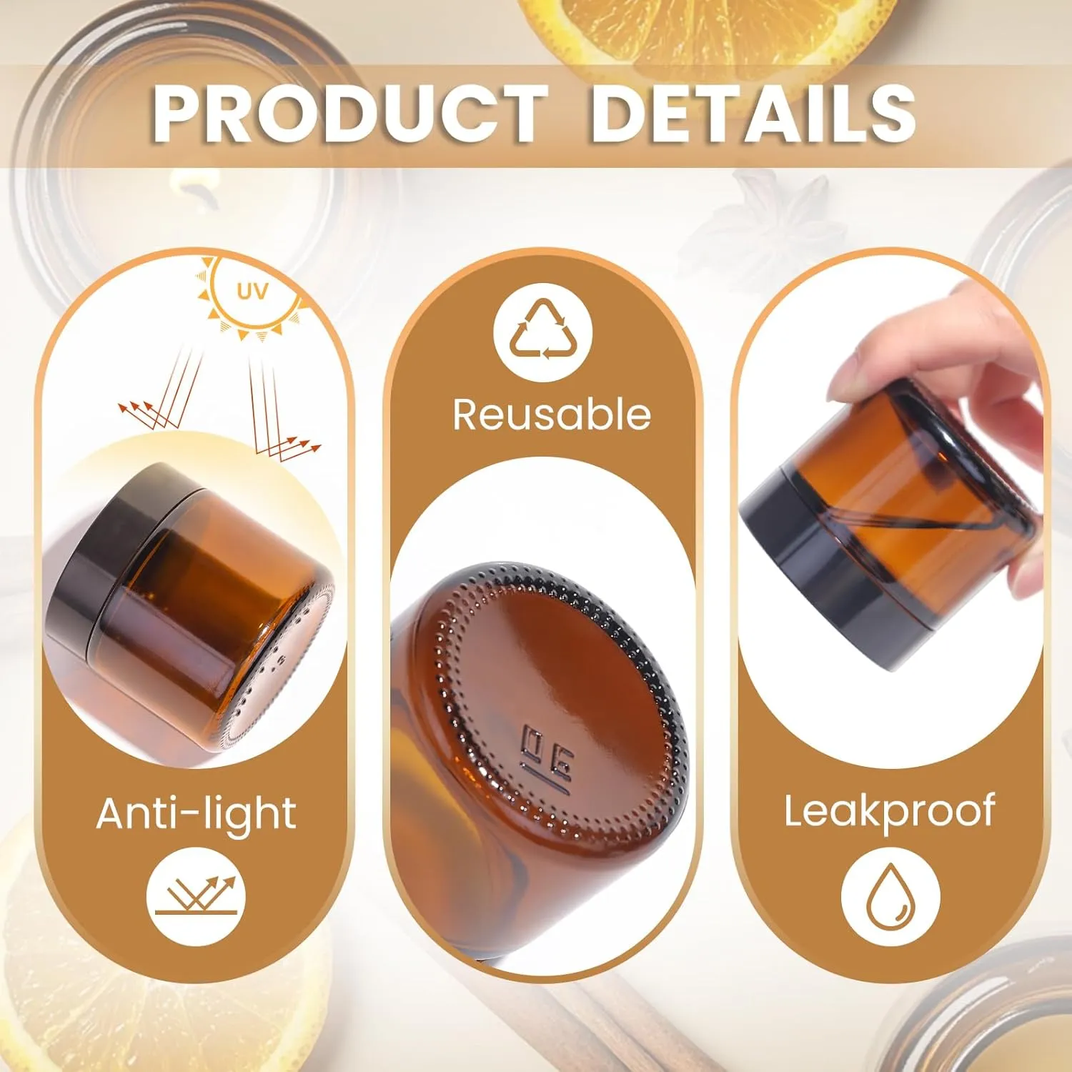 Amber 2oz Glass Jars with Lids - 24 Pack Leakproof Small Cosmetic Containers with Inner Liners, Wide-Round Smooth Mouth, Sealable for Creams, Lotions, Essential Oils, Body Butter, Travel Samples