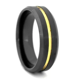 Black High-Tech Ceramic Band with Gold Color Plated Groove, Size 9.5 (91977)
