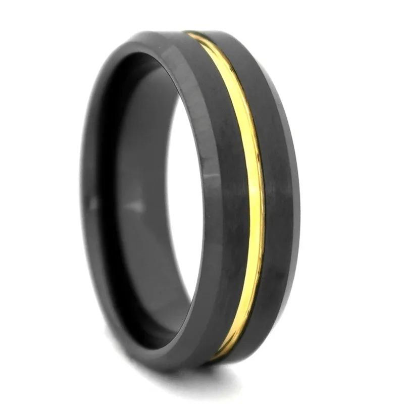 Black High-Tech Ceramic Band with Gold Color Plated Groove, Size 9.5 (91977)
