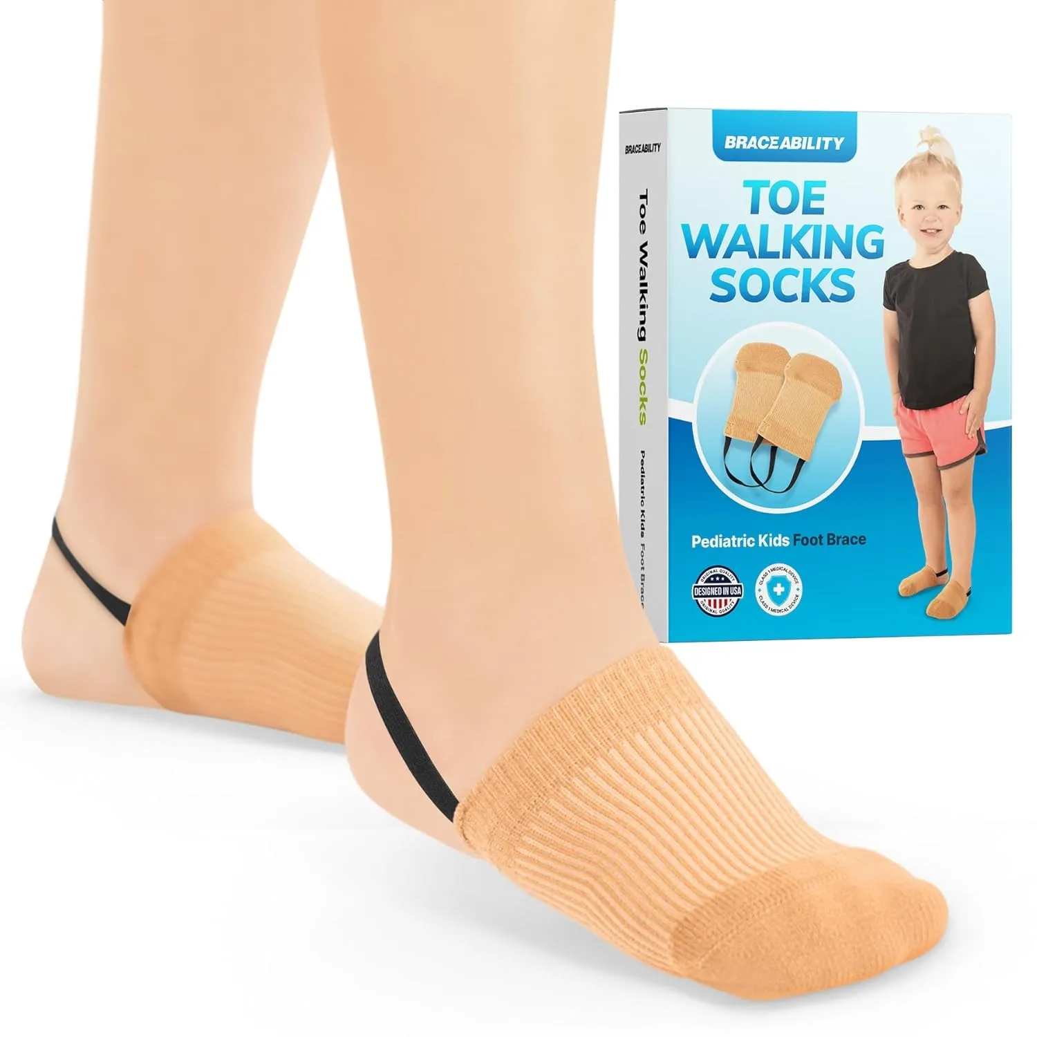 BraceAbility Toe Walking Socks (Pair) - Pediatric Kids Foot Brace for Comfortable Tip Toe Walking Prevention and Correction for Children and Toddlers, Cerebral Palsy Equipment, ADHD Support (M - Beige)