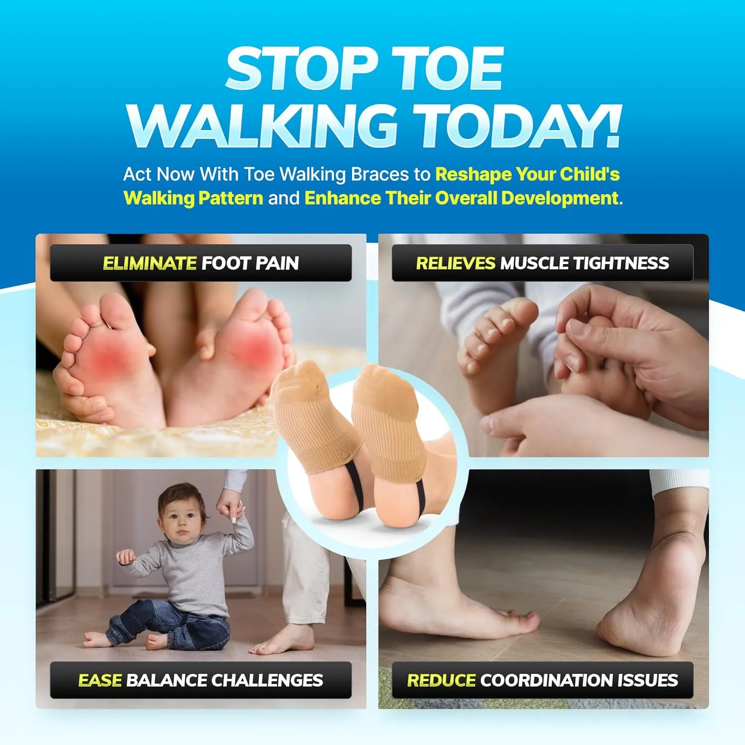 BraceAbility Toe Walking Socks (Pair) - Pediatric Kids Foot Brace for Comfortable Tip Toe Walking Prevention and Correction for Children and Toddlers, Cerebral Palsy Equipment, ADHD Support (M - Beige)