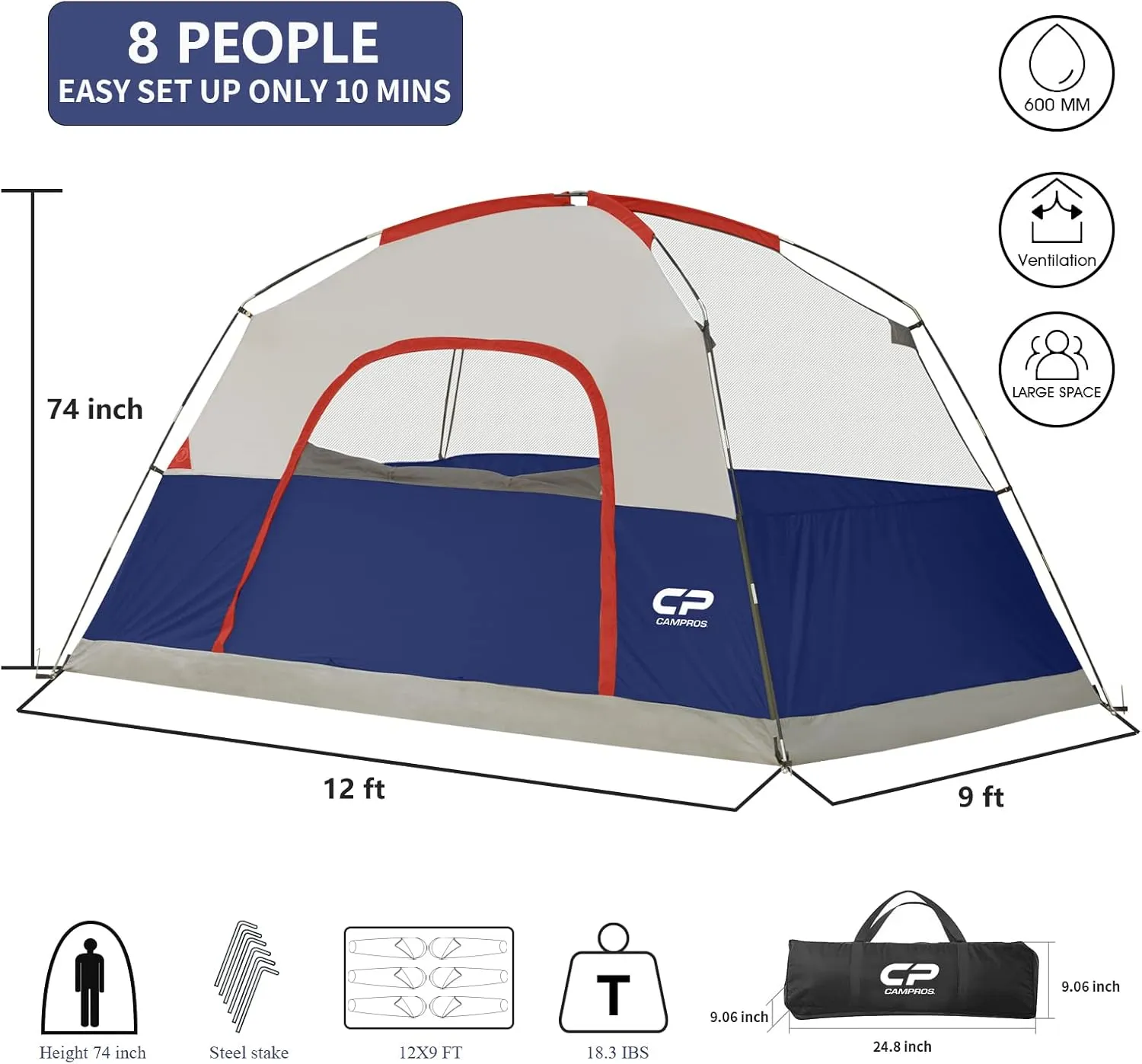 CAMPROS CP Tent 6/8 Person Camping Tents, Waterproof Windproof Family Tent with Top Rainfly, Large Mesh Windows, Double Layer, Easy Set Up, Portable with Carry Bag, for All Seasons