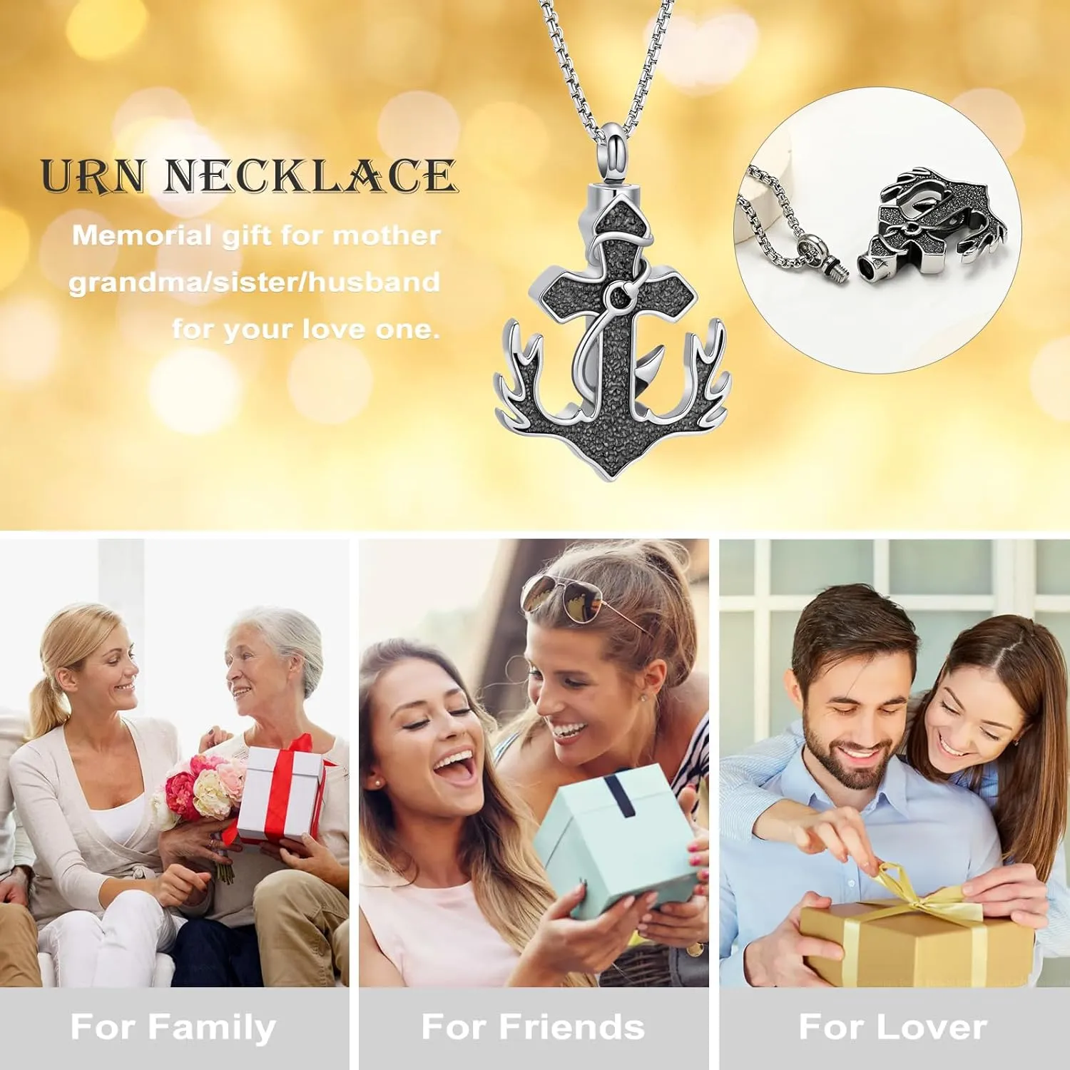 Cross Anchor Cremation Jewelry Fish Hook Urn Necklace for Ashes Deer Antler Stainless Steel Ashes Pendant for Women Men Keepsake Memorial Jewelry Ashes Lockets for Loss of Loved One