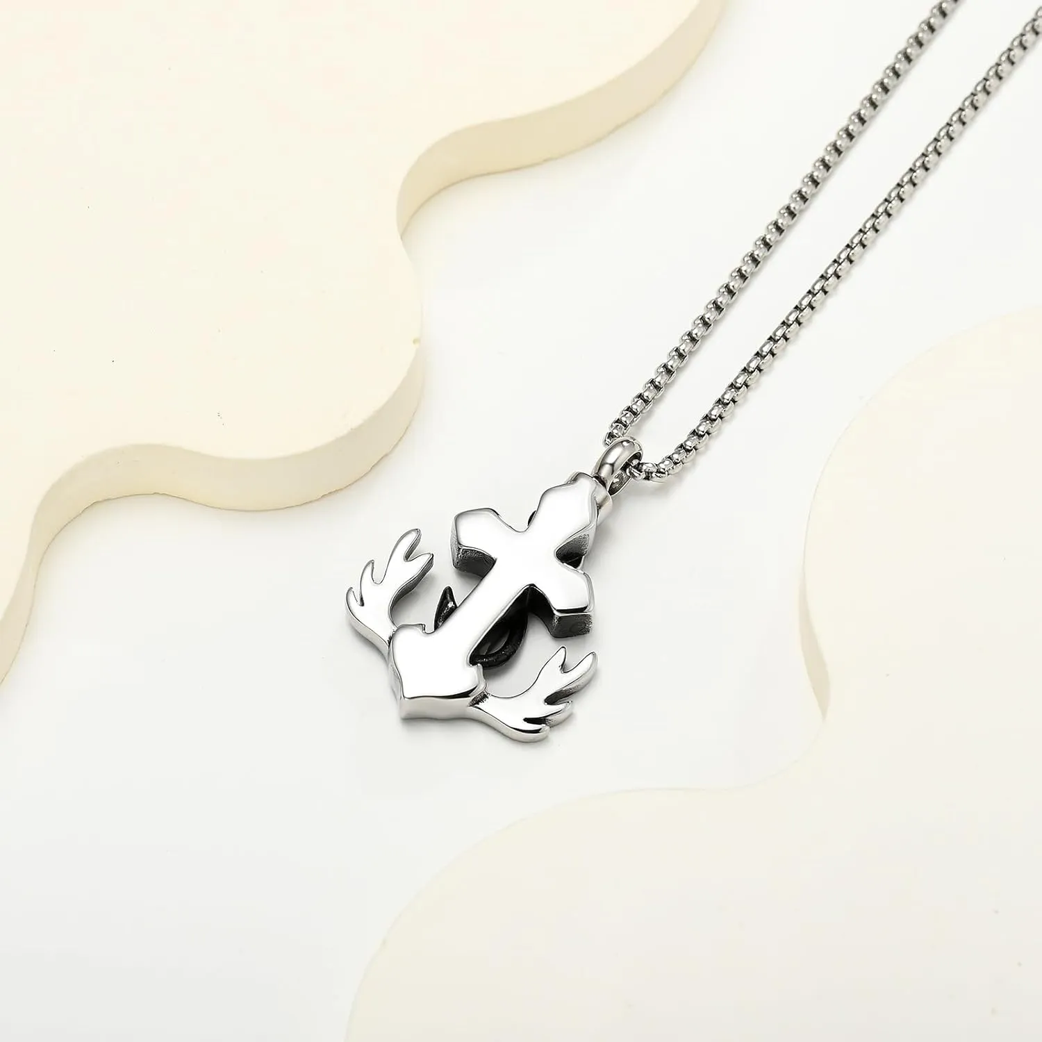 Cross Anchor Cremation Jewelry Fish Hook Urn Necklace for Ashes Deer Antler Stainless Steel Ashes Pendant for Women Men Keepsake Memorial Jewelry Ashes Lockets for Loss of Loved One
