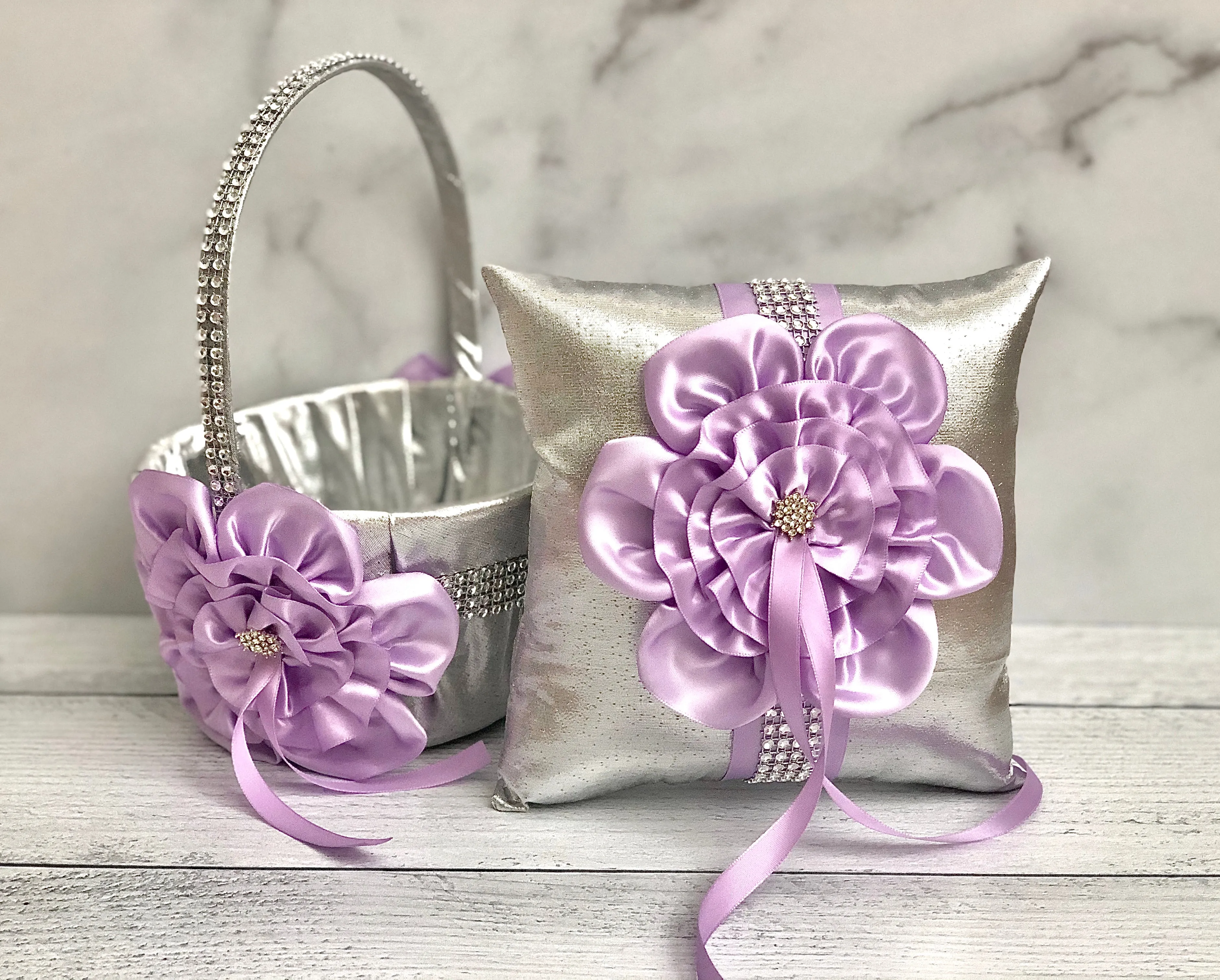 Custom Flower Girl Basket and Ring Bearer Pillow Set