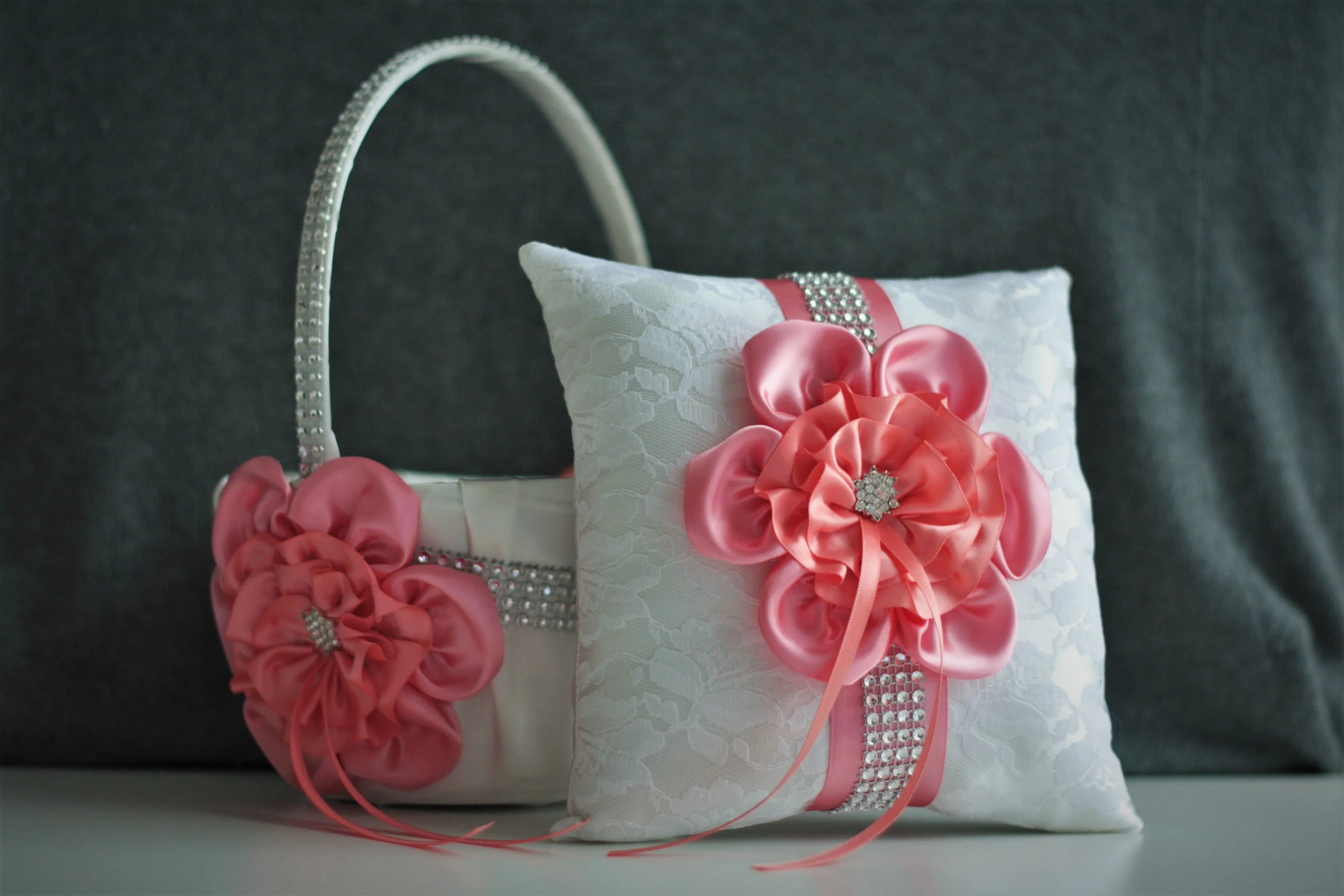 Custom Flower Girl Basket and Ring Bearer Pillow Set