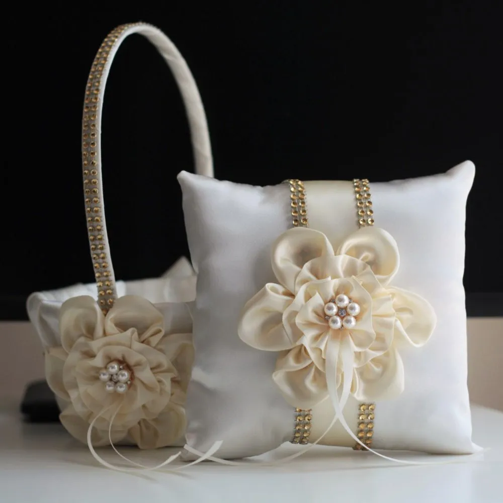 Custom Flower Girl Basket and Ring Bearer Pillow Set