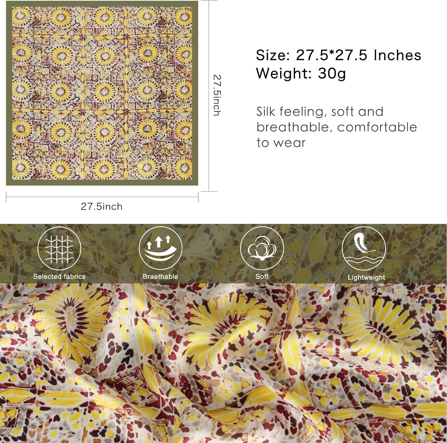 EXTREE Silk Feeling Scarf Medium Square Satin Head Scarf Sleeping Hair Wrapping for Women 27.5  27.5 inches