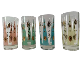 Fred Press Signed Mid-Century Pastel Atomic Burst Highball Glasses (Set of 4)
