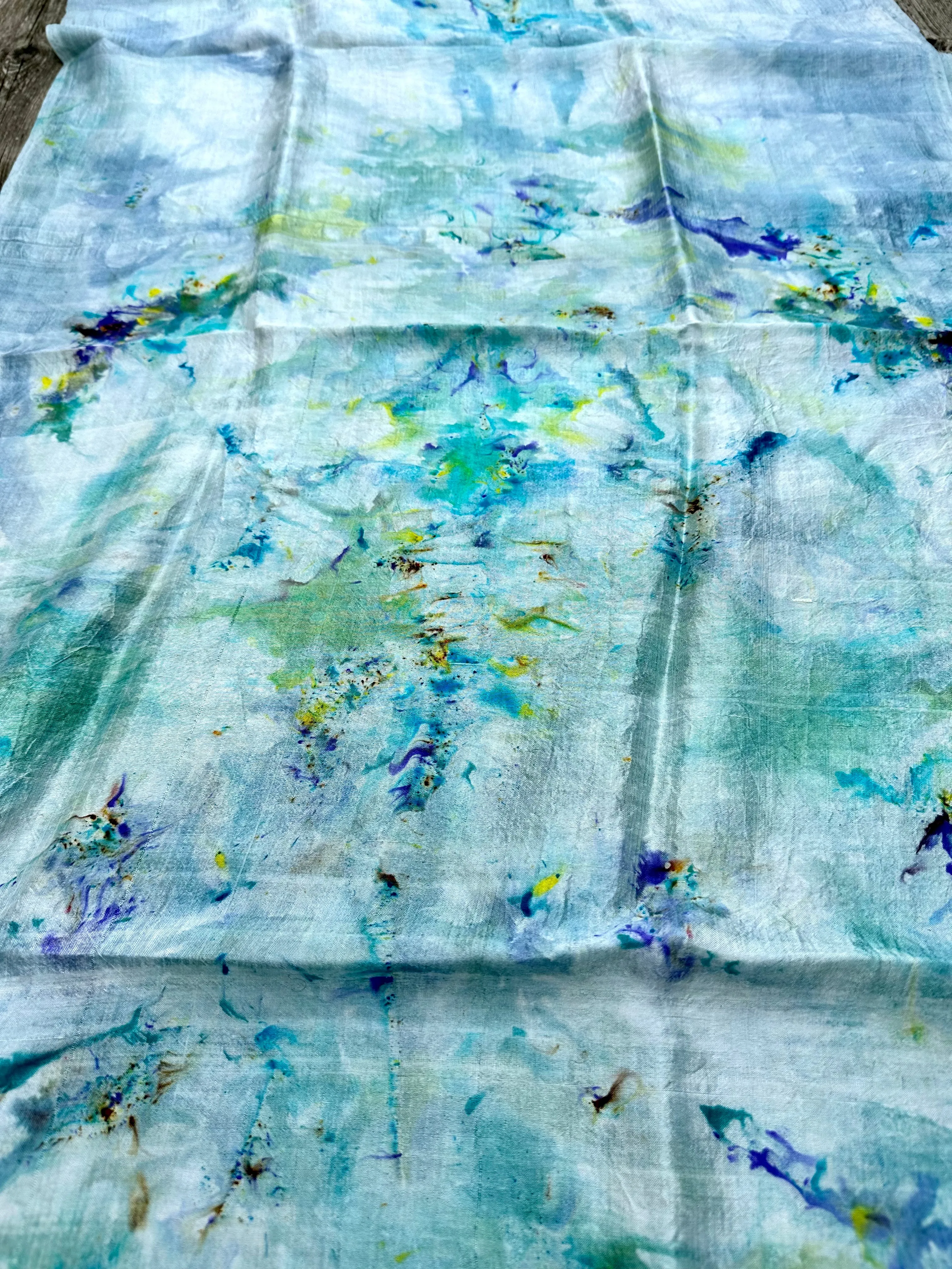 Hand Dyed Silk Scarf "BeeBop Blues #3" Blue Teal Turquoise Yellow Violet Gold Lime Silver Copper Mulberry Silk Scarf 23” x 73” 59cm x 187cm