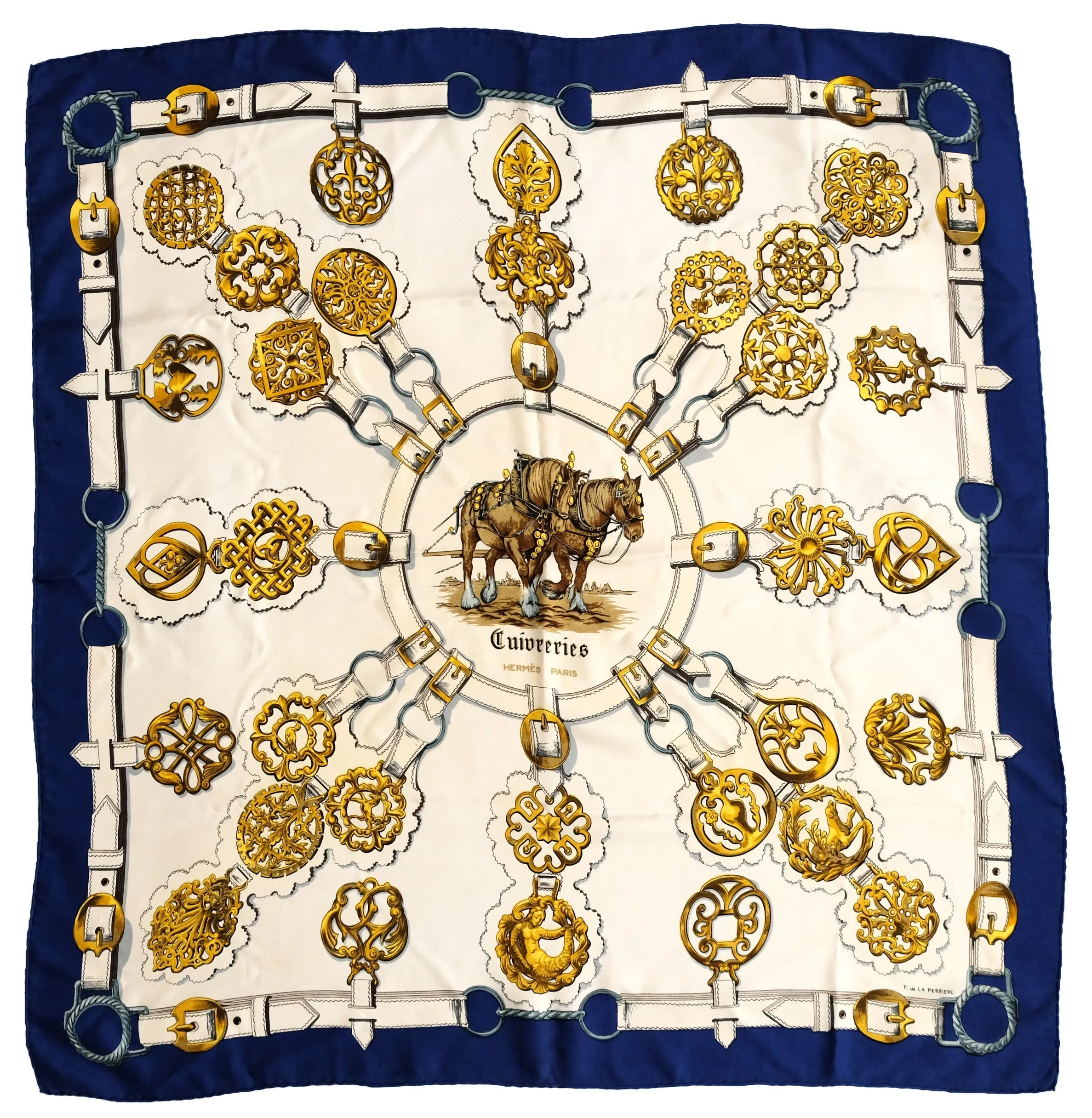 Hermès Vintage Equestrian Silk Scarf, "Cuivreries", 1985