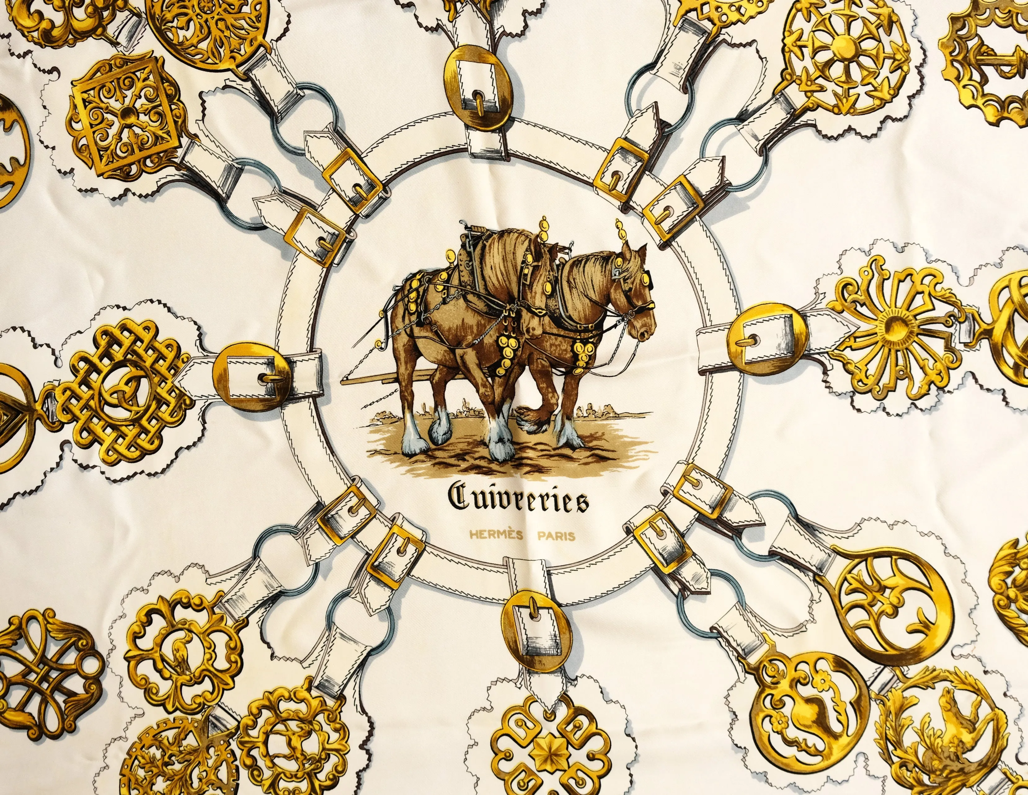 Hermès Vintage Equestrian Silk Scarf, "Cuivreries", 1985