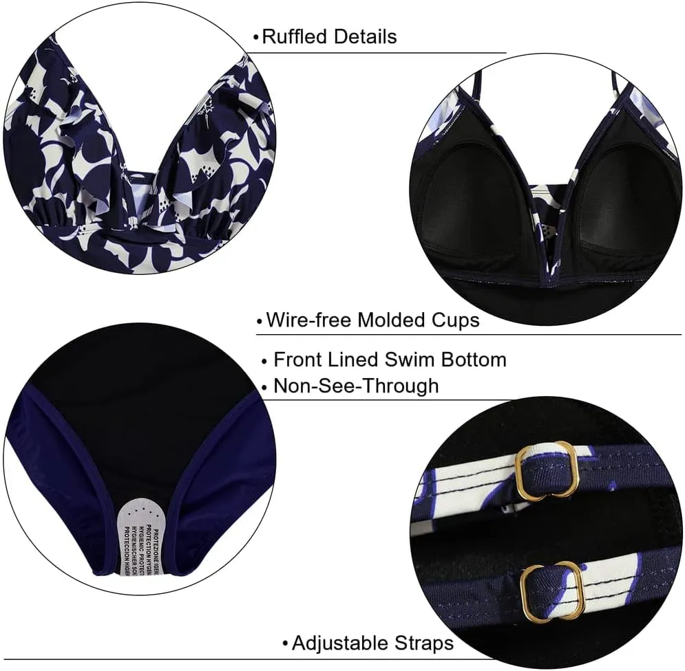 Hilor Women's Tankini Swimsuits Shirred Tummy Control Swimwear Ruffled V Neck Two Piece Bathing Suits