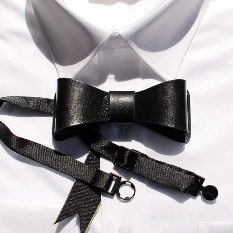 Men's Hand-Stitched Black Plant Tanned Leather Bow Tie