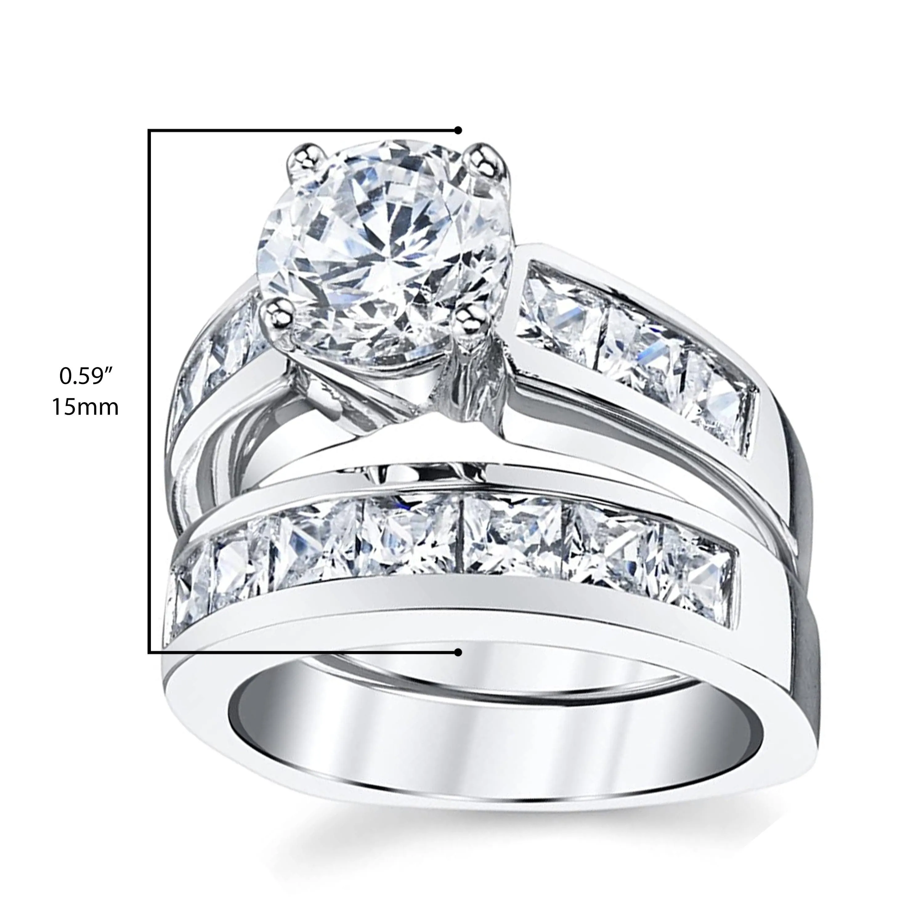 Metal Masters Women's Sterling Silver Bridal Set 2ct. Engagement Wedding Ring Round Princess-Cut Cubic Zirconia