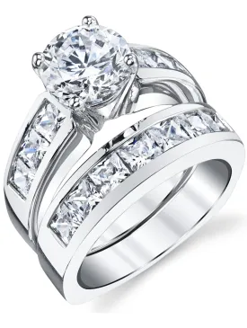 Metal Masters Women's Sterling Silver Bridal Set 2ct. Engagement Wedding Ring Round Princess-Cut Cubic Zirconia