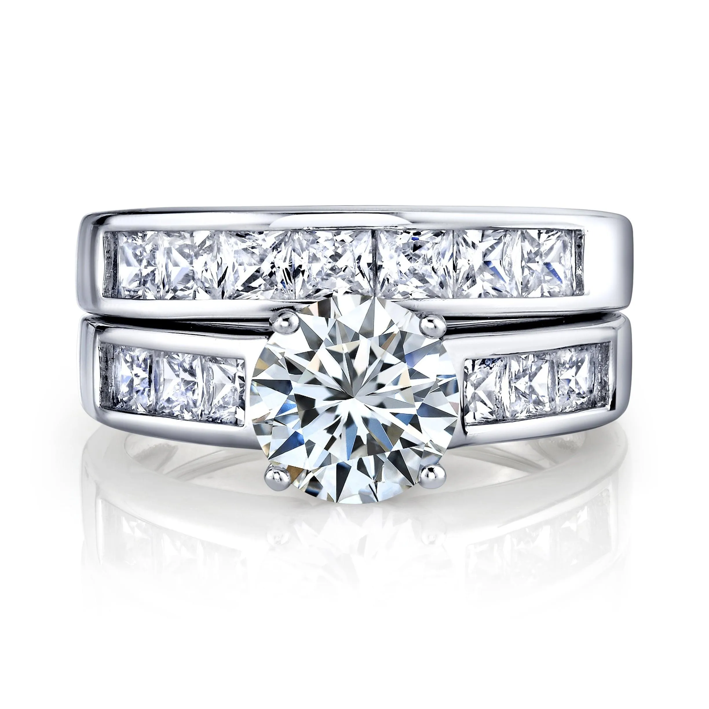 Metal Masters Women's Sterling Silver Bridal Set 2ct. Engagement Wedding Ring Round Princess-Cut Cubic Zirconia