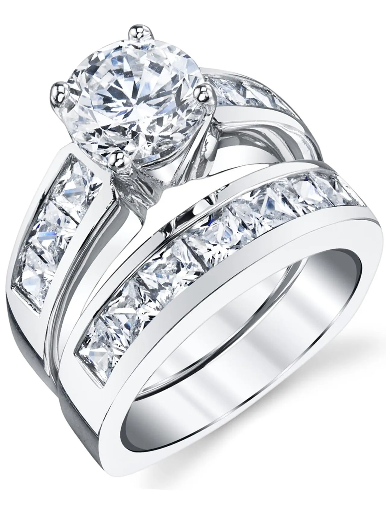 Metal Masters Women's Sterling Silver Bridal Set 2ct. Engagement Wedding Ring Round Princess-Cut Cubic Zirconia