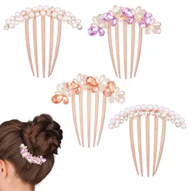 Pearl Rhinestones Hair Accessories 4 Pieces Rhinestone Inlaid Flower Hairpin Glitter Crystal Butterfly Side Combs Clip Hair Fork with Long Teeth Decorative Combs Hair Styling Accessories - Sparkly