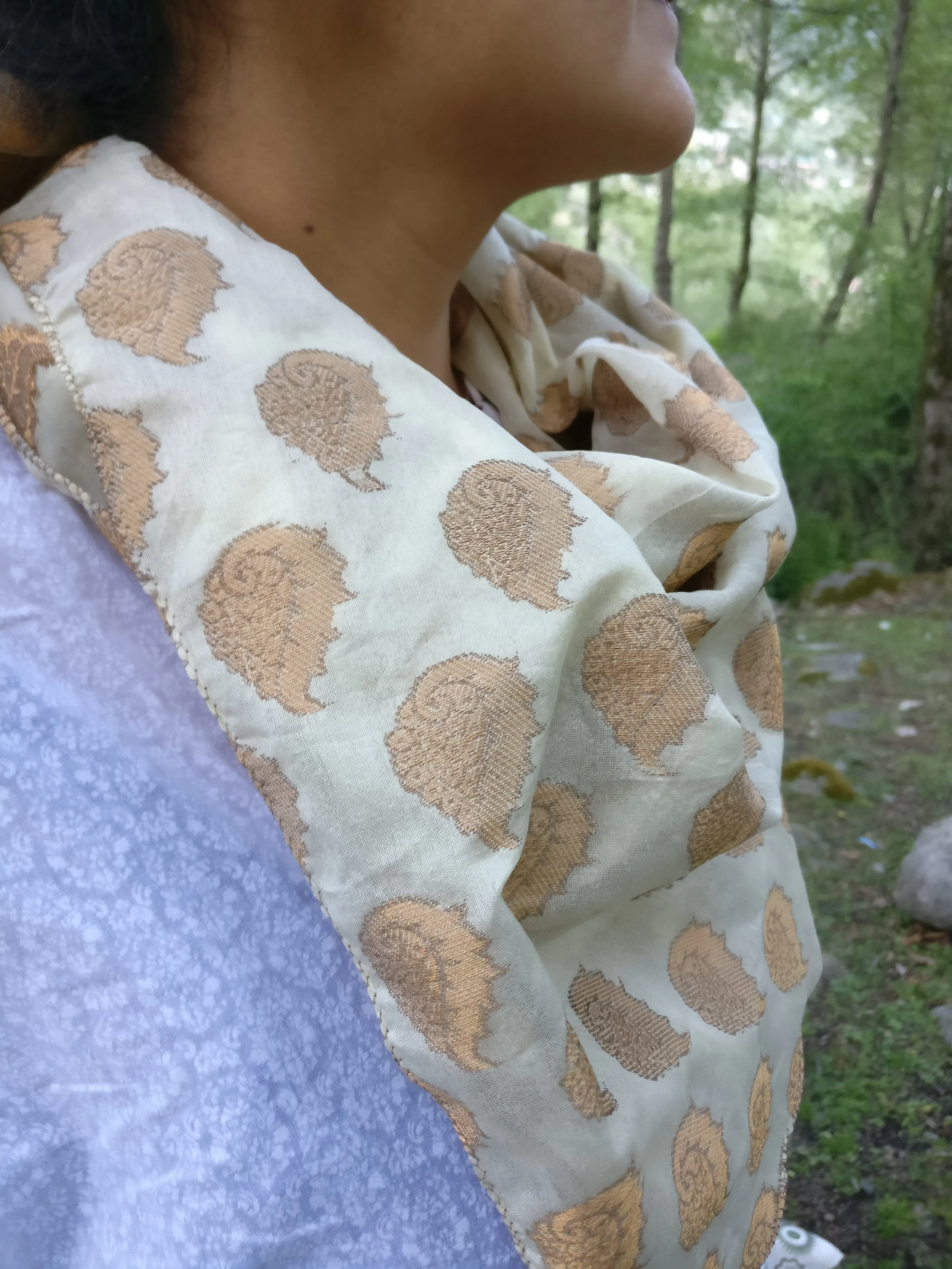 Pearl White Brocade Silk Scarf