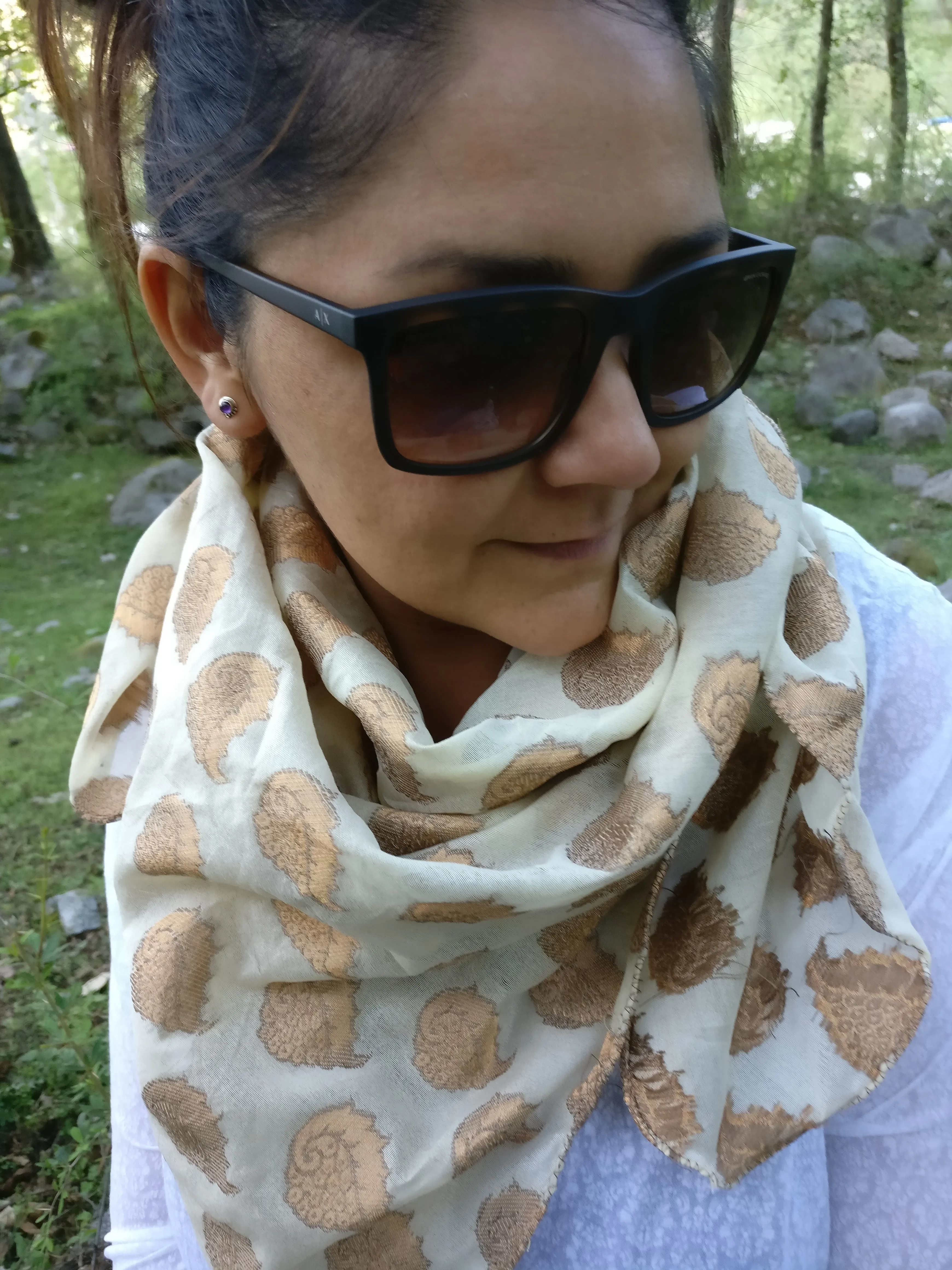 Pearl White Brocade Silk Scarf
