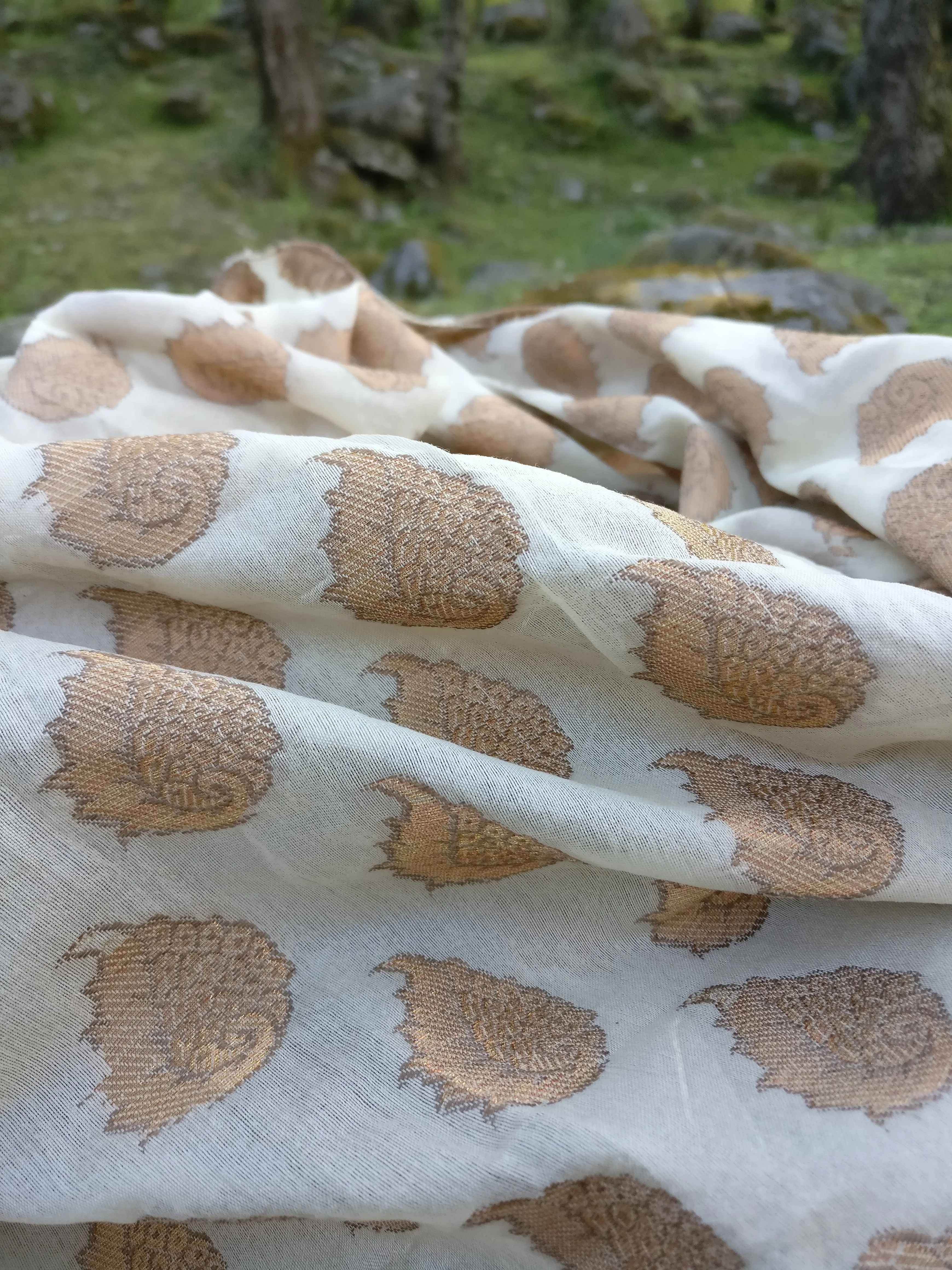Pearl White Brocade Silk Scarf