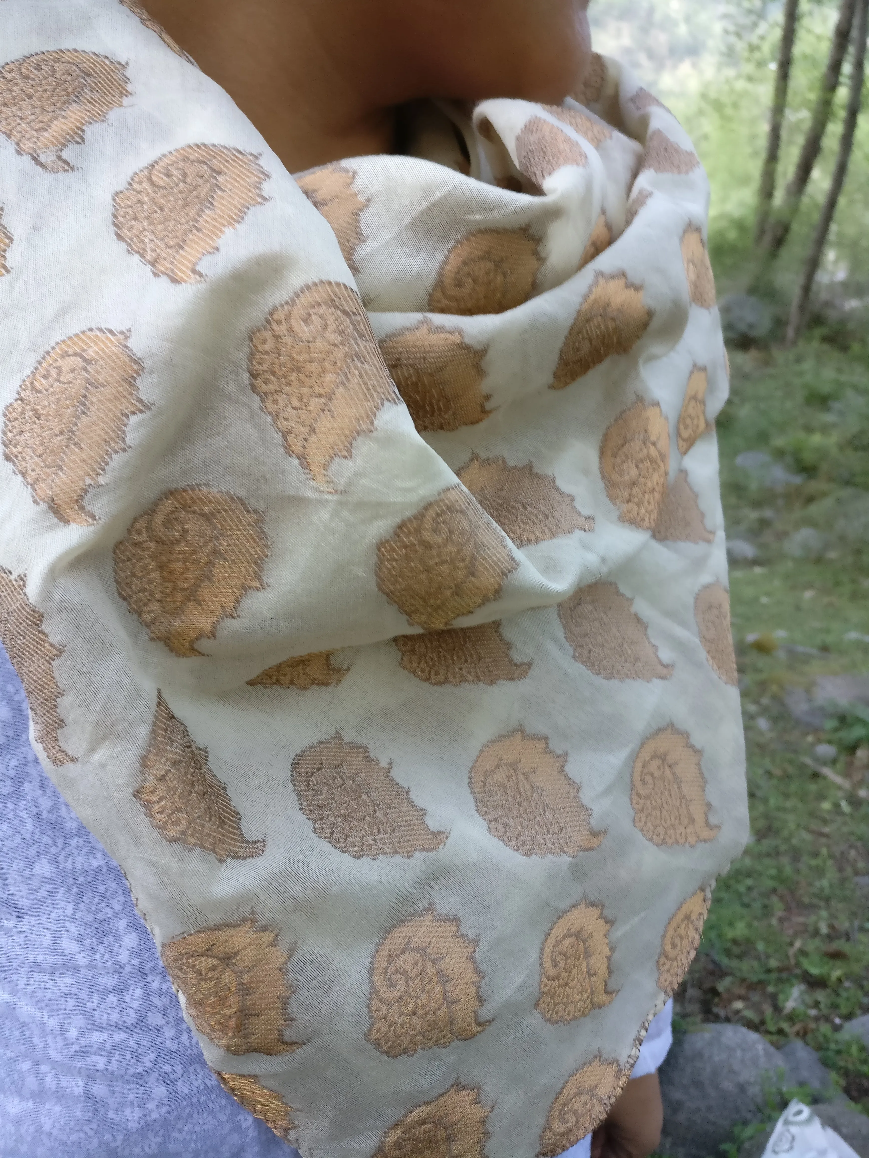 Pearl White Brocade Silk Scarf
