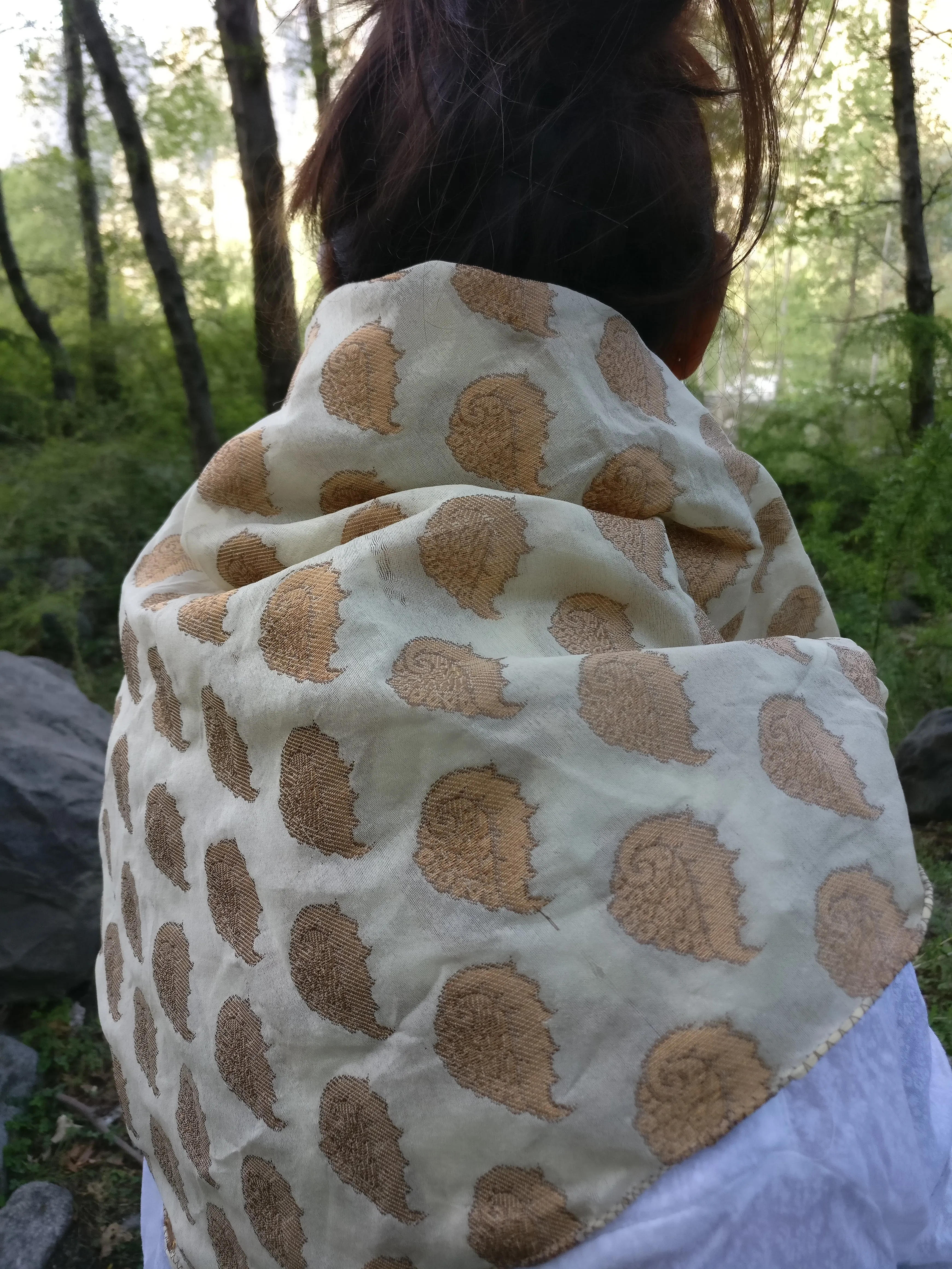 Pearl White Brocade Silk Scarf