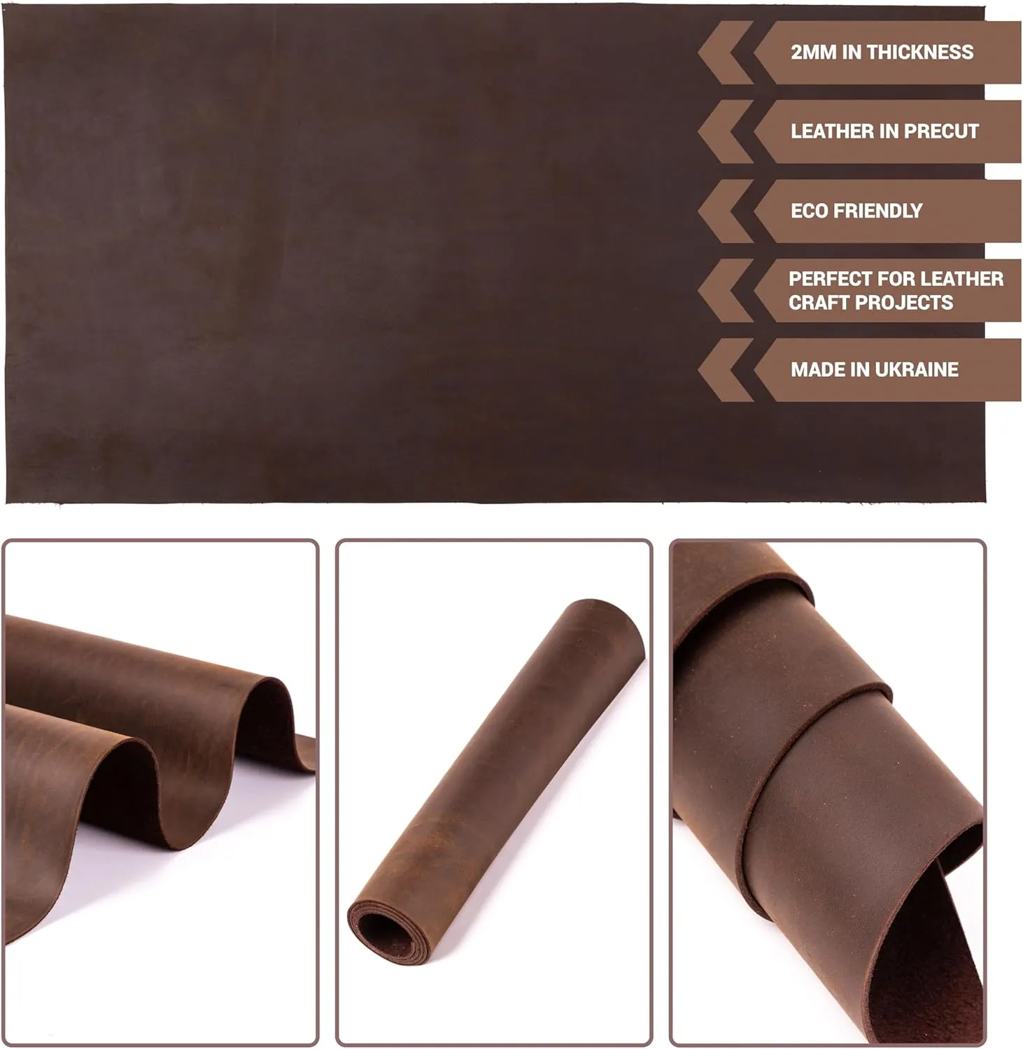 Shkira 12''X24'' Genuine Dark Brown Leather Sheets for Crafts - Tooling Leather Square - 2.0MM Thick Genuine Top Full Grain Oil Tan - Thick Cowhide Pieces Square