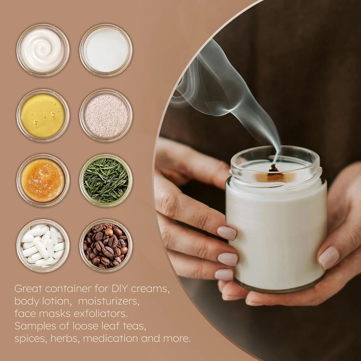 Small Glass Containers with Lids, 8 oz Glass Jars with Plastic Woodgrain Lids & Inner Liners, Reusable Travel Containers for Creams, Makeup, Lotion, Cosmetic - 2 pack