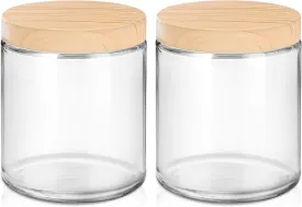 Small Glass Containers with Lids, 8 oz Glass Jars with Plastic Woodgrain Lids & Inner Liners, Reusable Travel Containers for Creams, Makeup, Lotion, Cosmetic - 2 pack