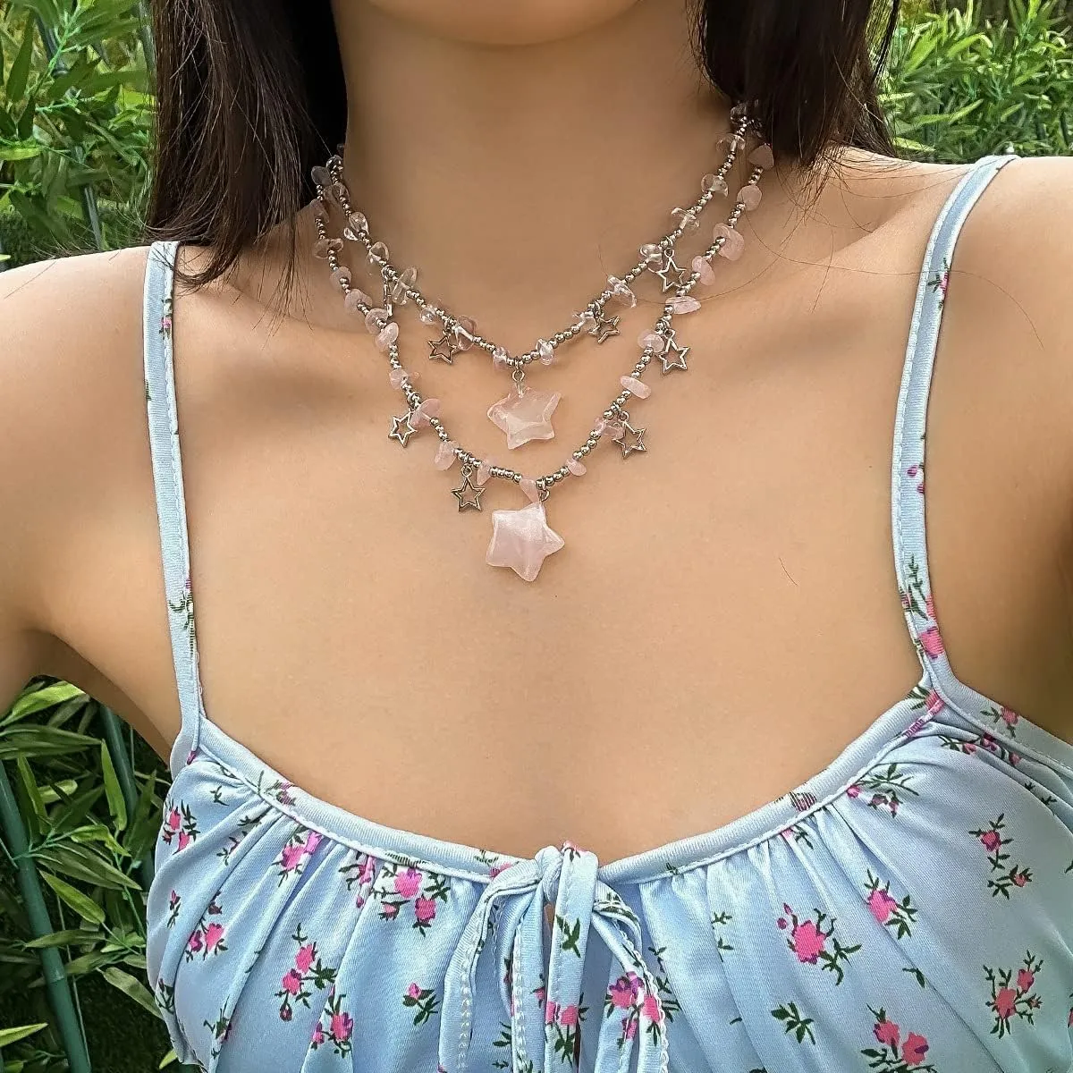 Star Charms Pendant Choker Y2K Healing Crystal Necklace Summer Jewelry with Silver Chains for Women