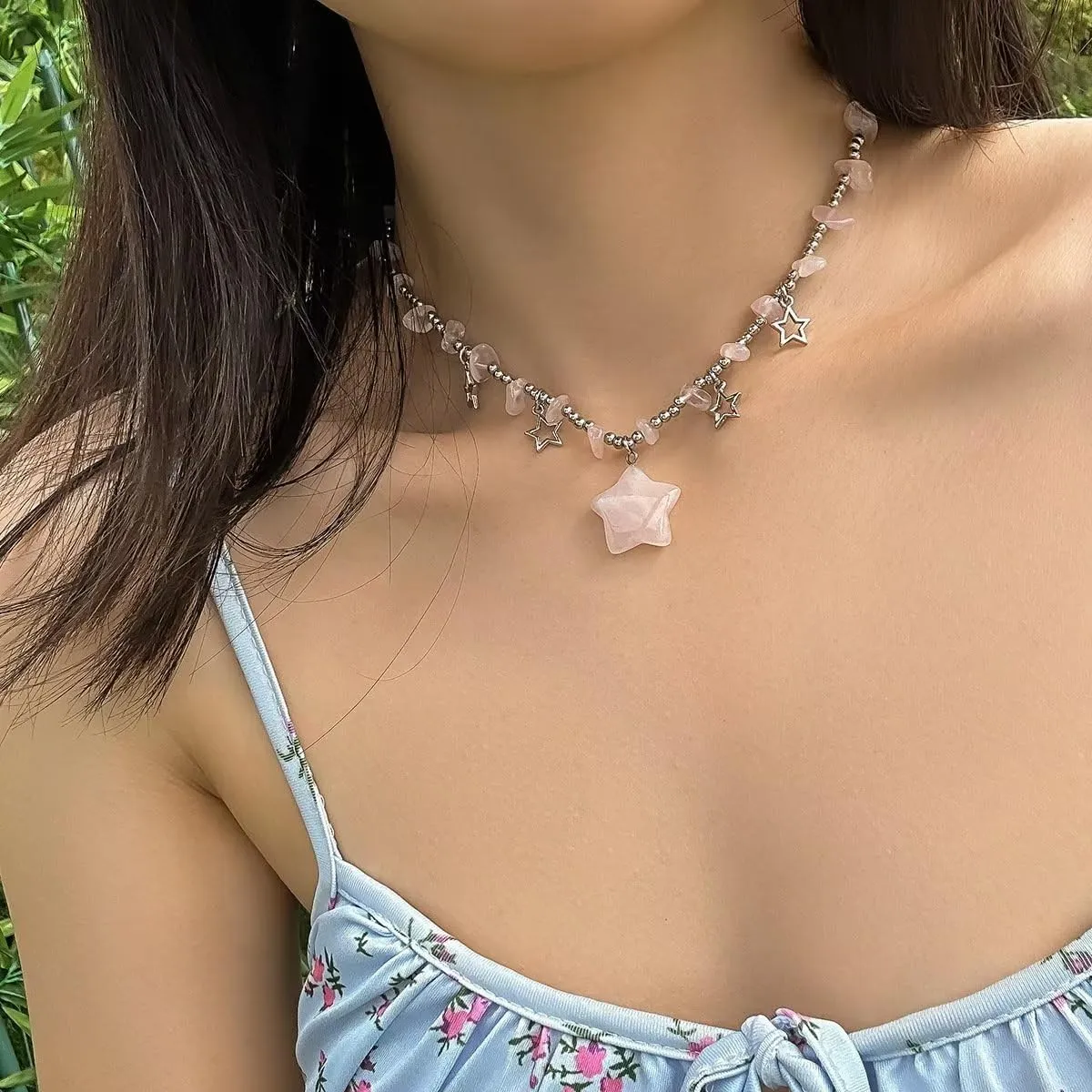 Star Charms Pendant Choker Y2K Healing Crystal Necklace Summer Jewelry with Silver Chains for Women