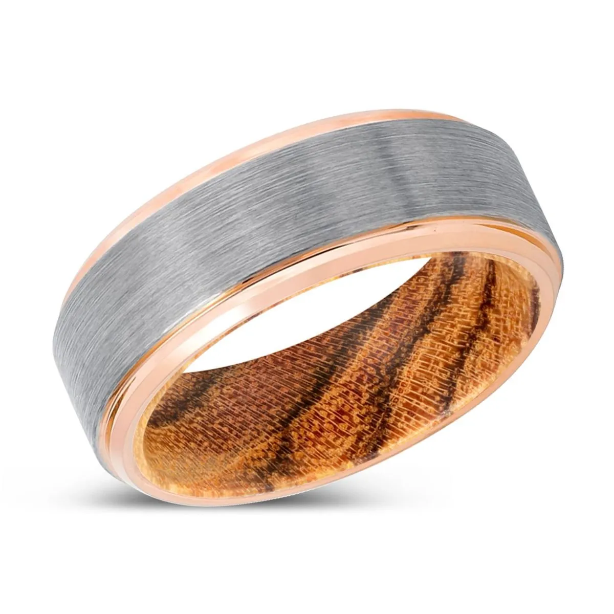 STINGER | Bocote Wood, Silver Tungsten Ring, Brushed, Rose Gold Stepped Edge