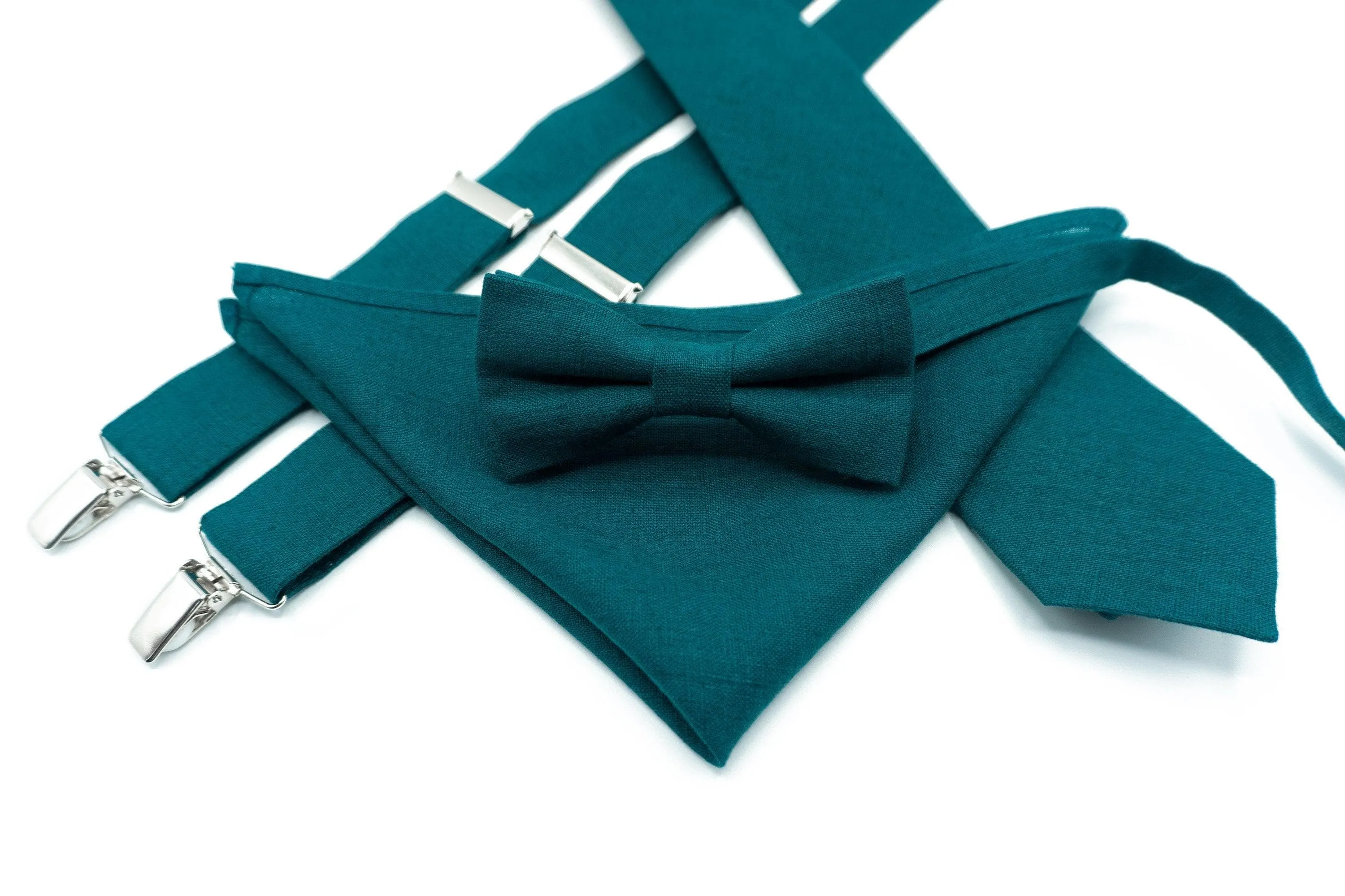 Teal Green Linen Bow Tie & Suspenders | Groomsmen & Ring Bearer Accessory