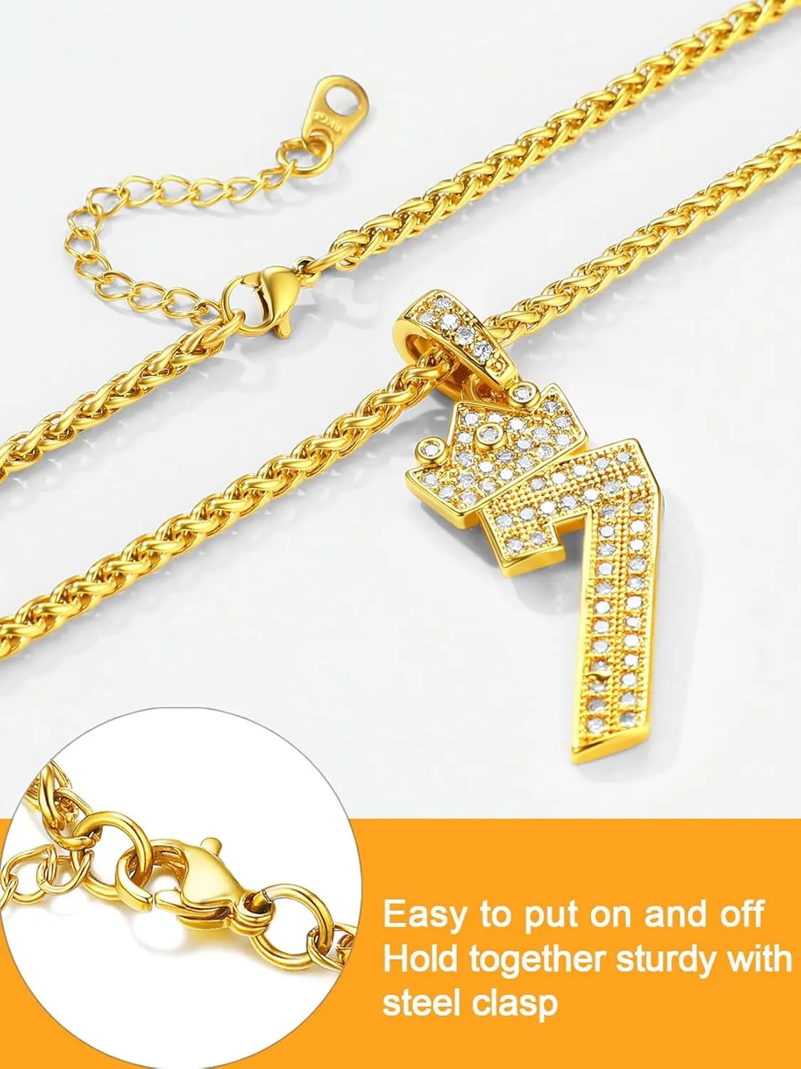 U7 Crown Number Necklace for Men Women 18K Gold Plated Bling CZ Number Chain 0-9,Hip Hop Jewelry for Rapper,with Wheat Chain 22"-24"