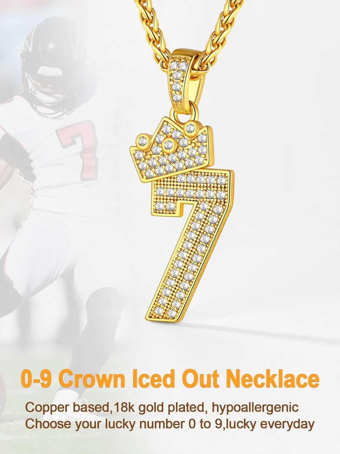 U7 Crown Number Necklace for Men Women 18K Gold Plated Bling CZ Number Chain 0-9,Hip Hop Jewelry for Rapper,with Wheat Chain 22"-24"
